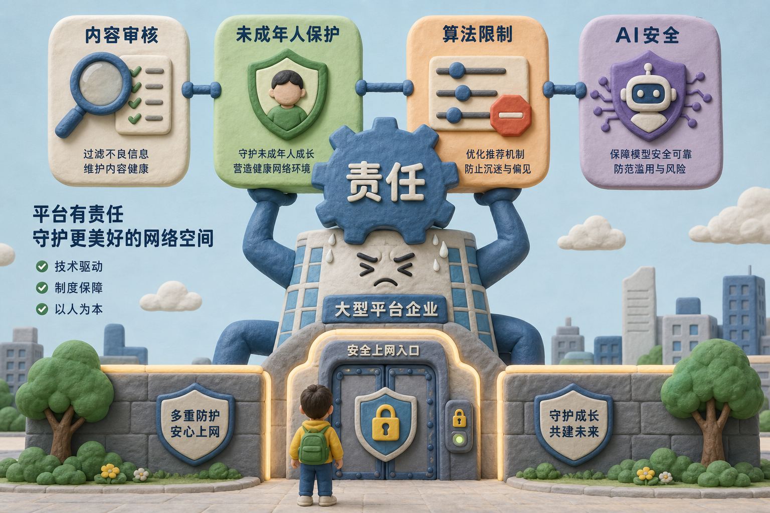 一个大型平台公司被要求扛起责任齿轮,齿轮连接内容审核、未成年人保护、算法限制和AI安全四个模块,孩子站在被加固的互联网入口前,浅色背景的商业评论版橡皮泥平面信息图的统一风格。