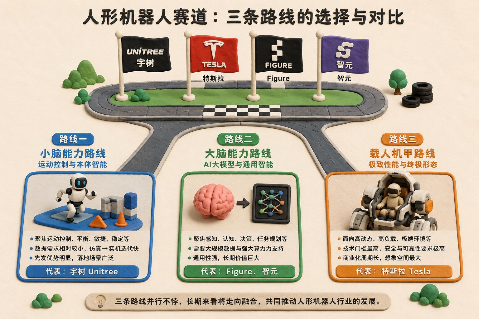 机器人赛道棋盘上摆着宇树、特斯拉、Figure和智元四个品牌旗帜，小脑能力、大脑能力和载人机甲三条路线分叉对比，浅色背景的商业评论版橡皮泥平面信息图的统一风格。