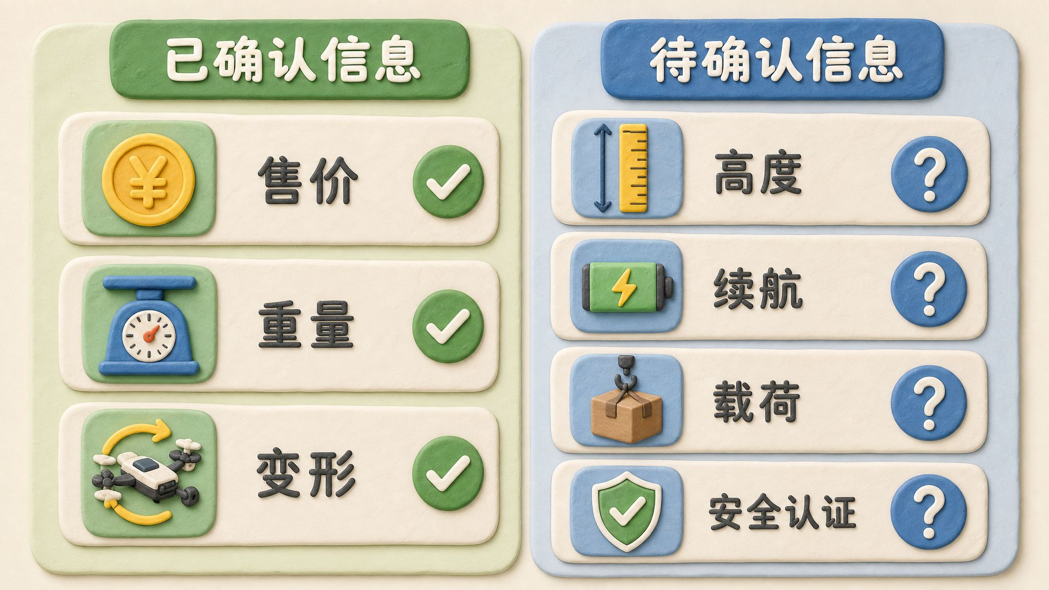 一张左右分栏的信息清单，左栏放售价、重量、变形等已确认卡片，右栏放高度、续航、载荷、安全认证等问号卡片，浅色背景的商业评论版橡皮泥平面信息图的统一风格。