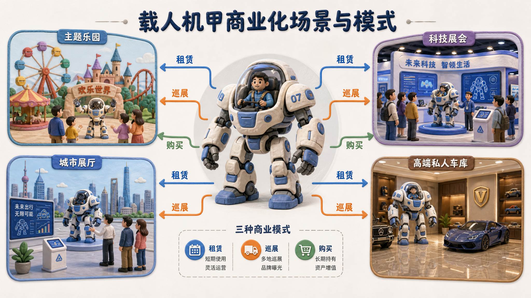 主题乐园、科技展馆、城市展厅和富豪车库四个客户场景围绕一台载人机甲，中间用租赁、巡展和购买三种商业模式箭头连接，浅色背景的商业评论版橡皮泥平面信息图的统一风格。