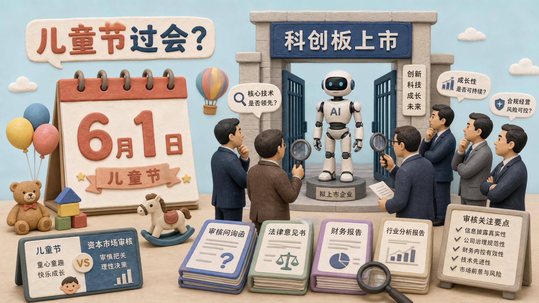 6 月 1 日日历页旁,一台人形机器人站在科创板上市门口,投资人和监管文件围成半圆观察,画面突出“儿童节过会”的巧合与资本审视,浅色背景的商业评论版橡皮泥平面信息图的统一风格。