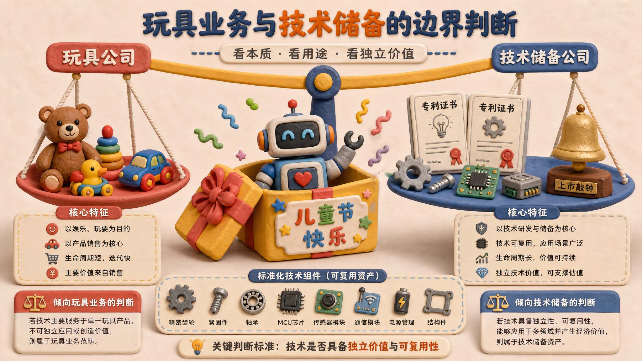儿童节礼盒彩带中放着一台大号机器人玩具,旁边同时摆有专利文件、标准零部件和上市铃,画面用天平表现“玩具公司”和“技术储备公司”的边界判断,浅色背景的商业评论版橡皮泥平面信息图的统一风格。