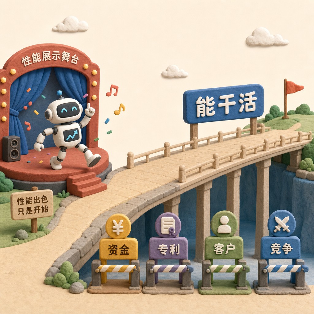 一台会跳舞的机器人从表演舞台走向写着“能干活”的长桥,桥下分布资金、专利、客户和竞争四个关卡,浅色背景的商业评论版橡皮泥平面信息图的统一风格。