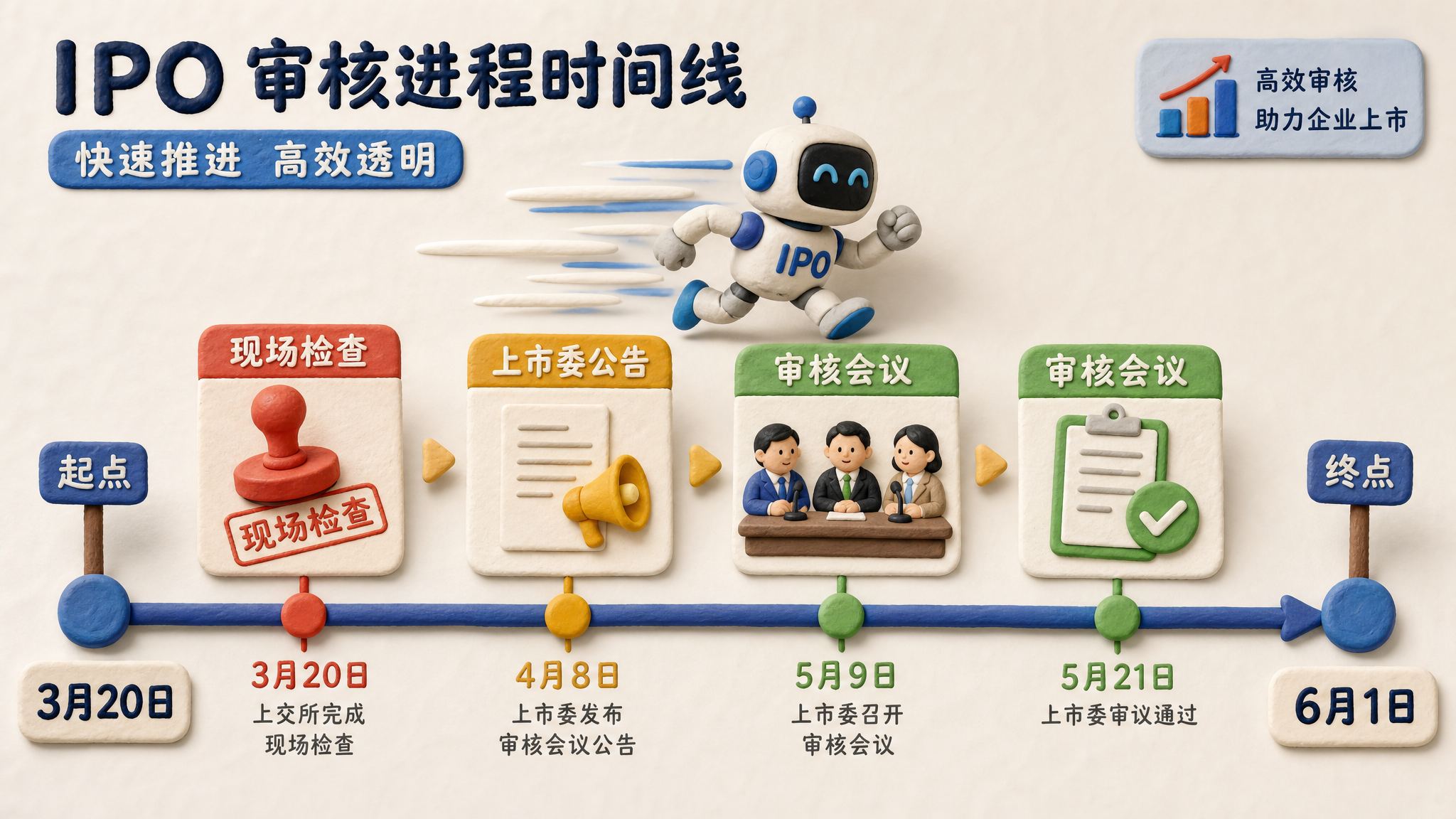 一条从 3 月 20 日到 6 月 1 日的 IPO 时间轴铺在桌面上,现场检查印章、上市委公告和审核会议卡片依次排列,机器人沿时间轴快速前进,浅色背景的商业评论版橡皮泥平面信息图的统一风格。