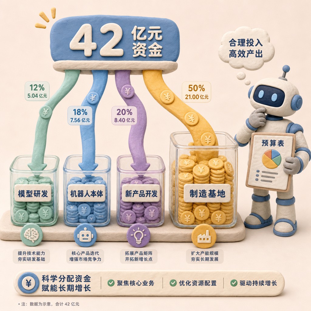 42 亿元资金被分成四股流向模型研发、机器人本体、新产品开发和制造基地四个透明容器,其中制造基地容器更大更深,旁边机器人拿着预算表思考,浅色背景的商业评论版橡皮泥平面信息图的统一风格。