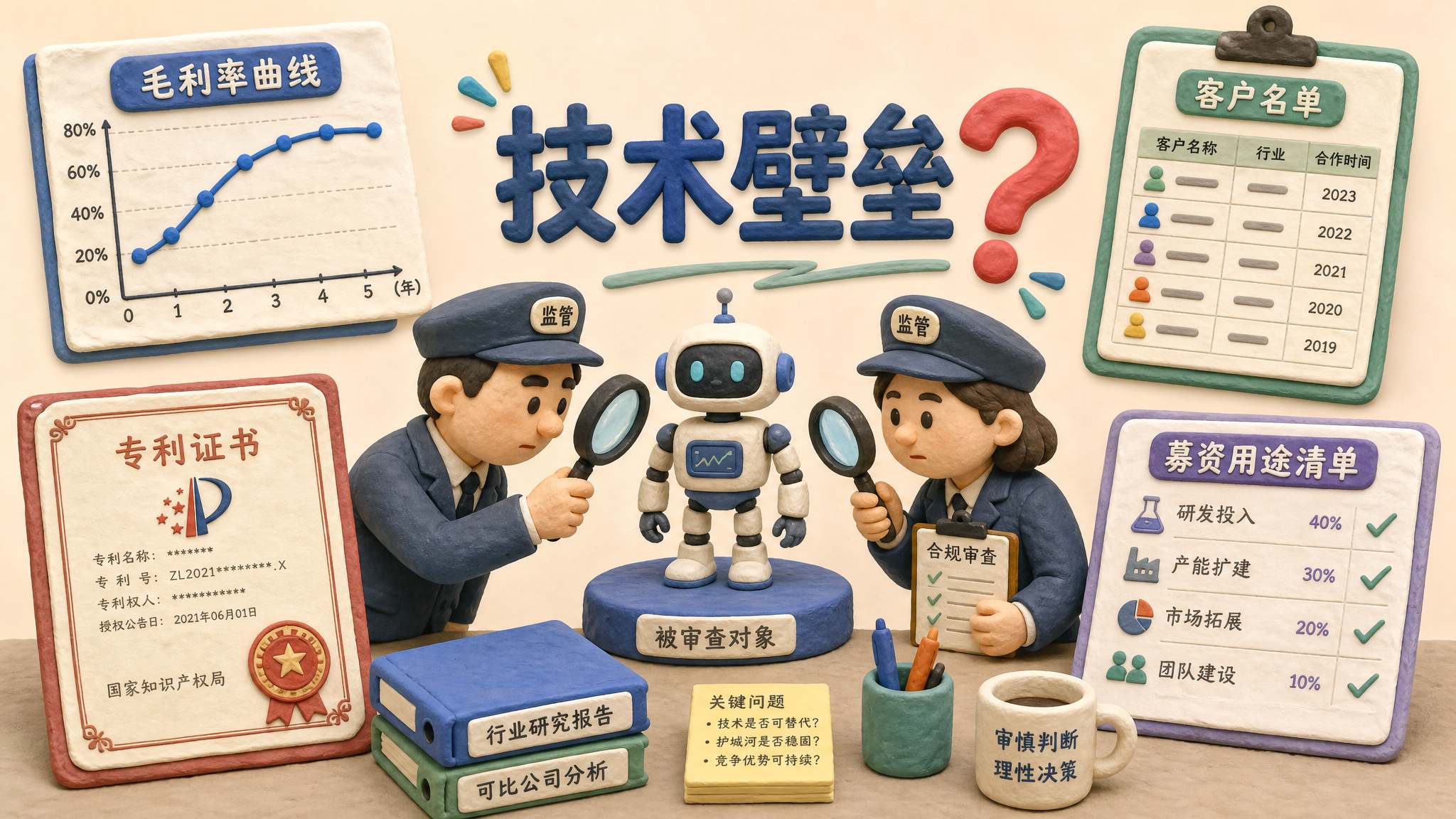 监管人员用放大镜查看一台机器人,机器人身边摊开毛利率曲线、客户名单、专利证书和募资用途清单,画面中心突出“技术壁垒”问号,浅色背景的商业评论版橡皮泥平面信息图的统一风格。