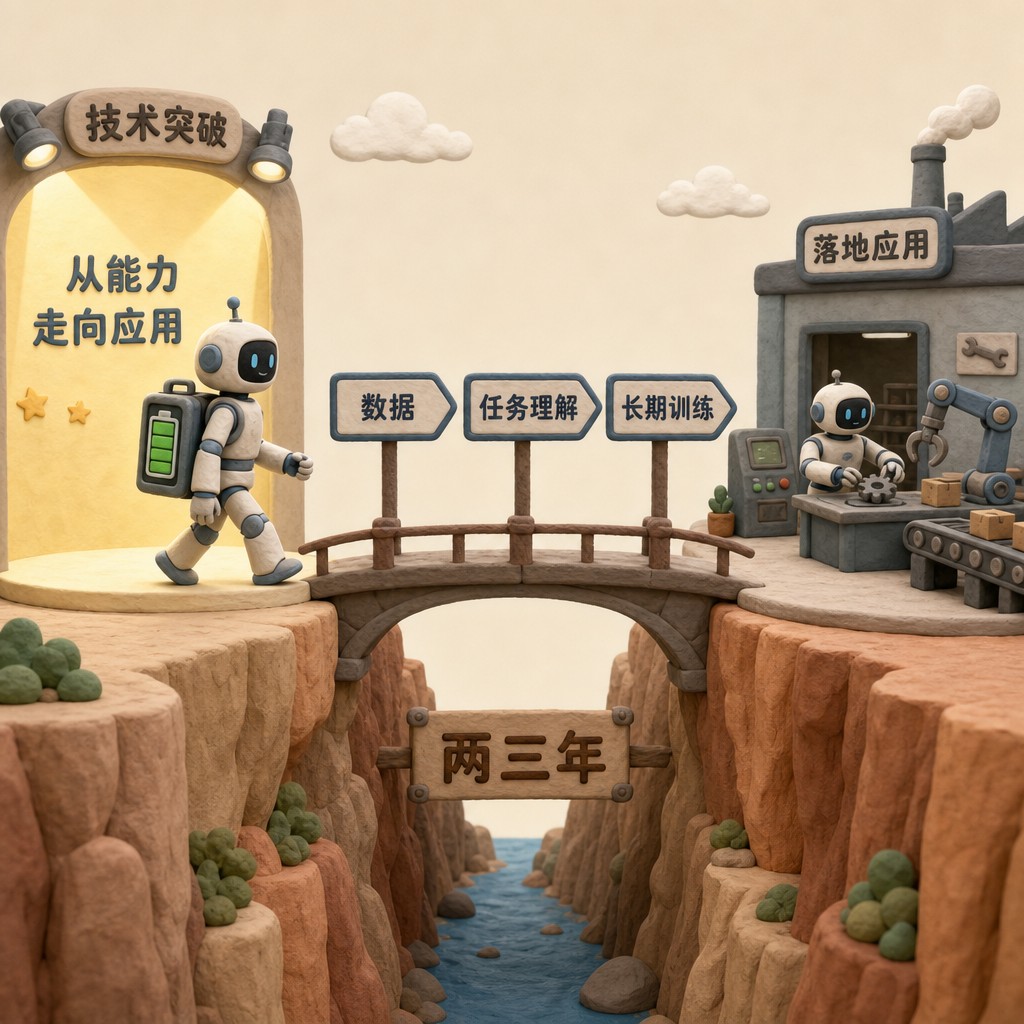 一台机器人背着电池包从聚光灯舞台走向工厂工位,中间隔着标注“两三年”的峡谷,桥上有数据、任务理解和长期训练三个路标,浅色背景的商业评论版橡皮泥平面信息图的统一风格。