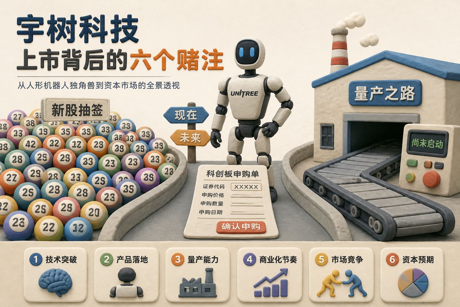 封面构图,一台橡皮泥质感的人形机器人站在科创板申购单与工厂流水线之间,左侧是拥挤的抽签号码球,右侧是尚未启动的生产线,标题文字“宇树科技上市背后的六个赌注”,浅色背景的商业评论版橡皮泥平面信息图的统一风格。