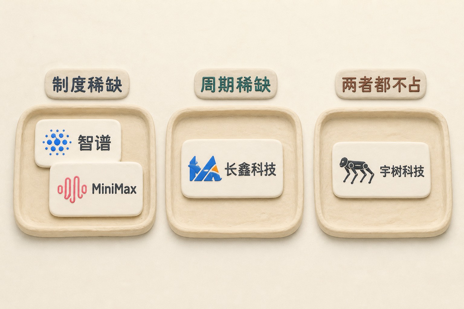 四家公司名称卡片被分放在“制度稀缺”“周期稀缺”“两者都不占”三只浅色橡皮泥托盘中，智谱与MiniMax在制度稀缺托盘，长鑫科技在周期稀缺托盘，宇树科技单独站在两者都不占托盘。不显示具体数值、日期、比例或排名；不补充其他数字、日期、比例、排名或因果关系。浅色背景的商业评论版橡皮泥平面信息图的统一风格。
