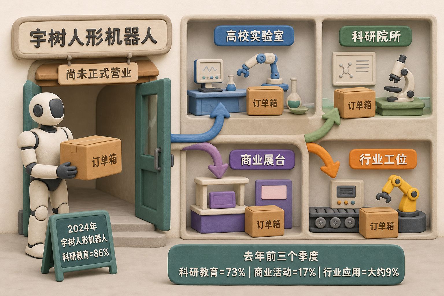 一台人形机器人站在尚未正式营业的饭馆门口，门内分成高校实验室、科研院所、商业展台和行业工位四个区域，用订单箱流向表现用途构成，数据：2024年宇树人形机器人｜科研教育=86%；去年前三个季度｜科研教育=73%｜商业活动=17%｜行业应用=大约9%。只显示以上文字与数据，不补充其他数字、日期、比例、排名或因果关系。浅色背景的商业评论版橡皮泥平面信息图的统一风格。