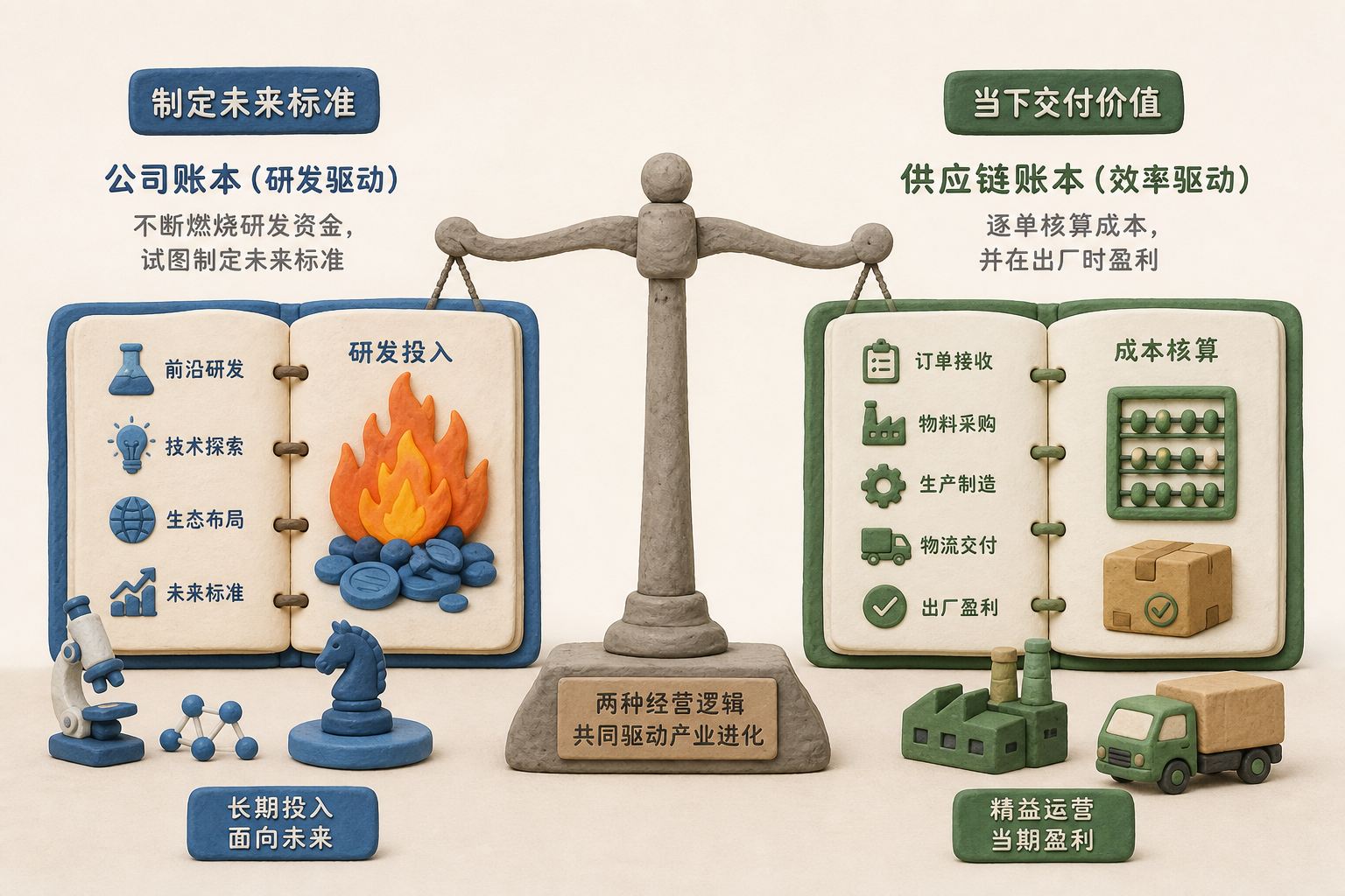 左侧是不断燃烧研发资金、试图制定未来标准的公司账本，右侧是逐单核算成本并在出厂时盈利的供应链账本，中间由天平表现两种经营逻辑，不展示具体数值，浅色背景的商业评论版橡皮泥平面信息图的统一风格。