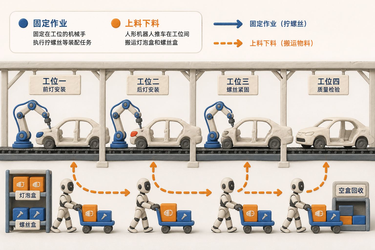 汽车工厂流水线剖面构图，固定机械手负责拧螺丝，人形机器人推车在不同工位间搬运灯泡盒和螺丝盒，箭头清楚区分“固定作业”与“上料下料”，不展示数字和未经披露的参数，浅色背景的商业评论版橡皮泥平面信息图的统一风格。