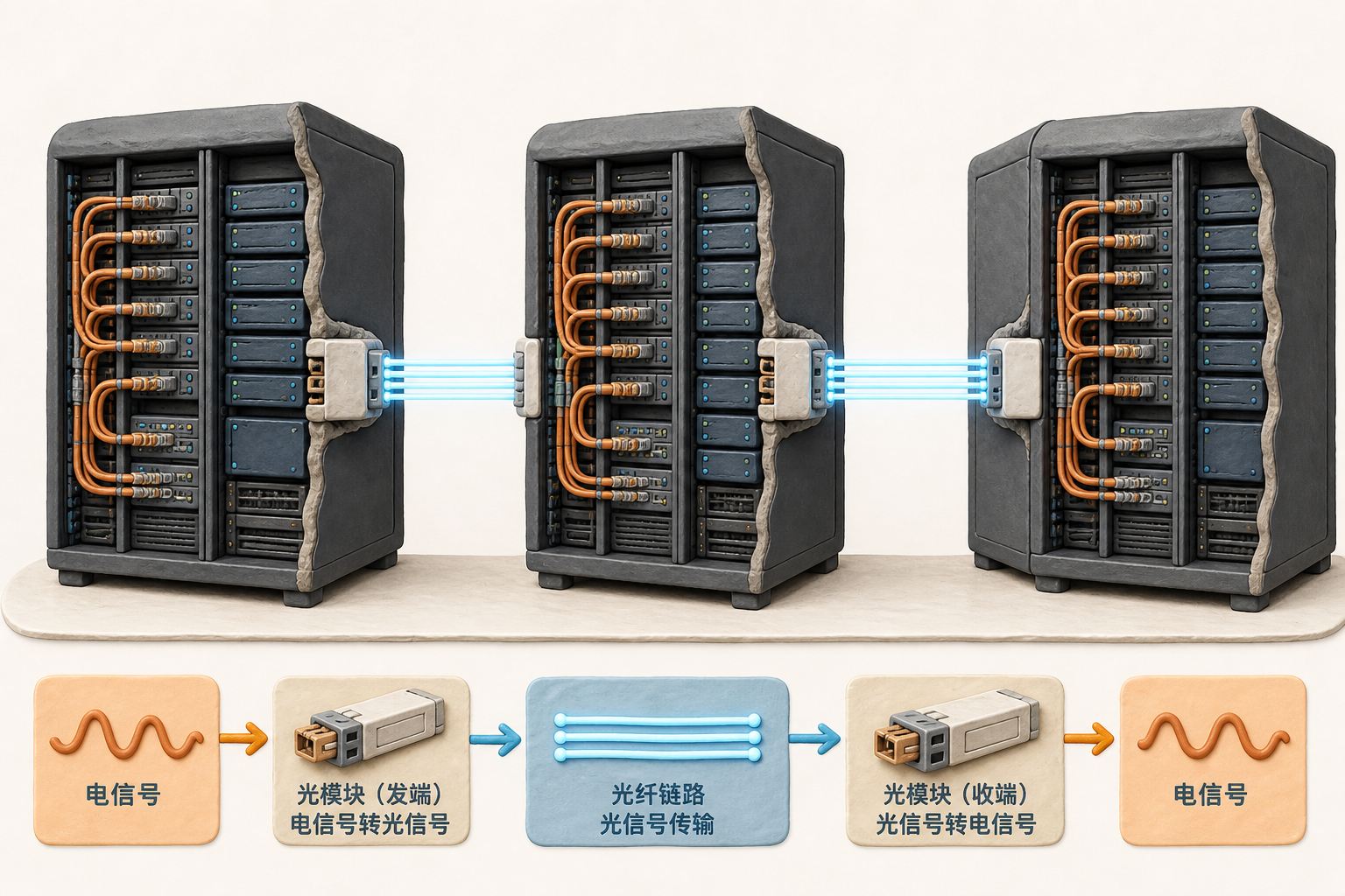 剖面式数据中心机柜群,机柜内部用铜缆紧密连接,机柜之间由发光的光纤与光模块桥接,清楚表现电信号与光信号转换关系,不标注数字,浅色背景的商业评论版橡皮泥平面信息图的统一风格。