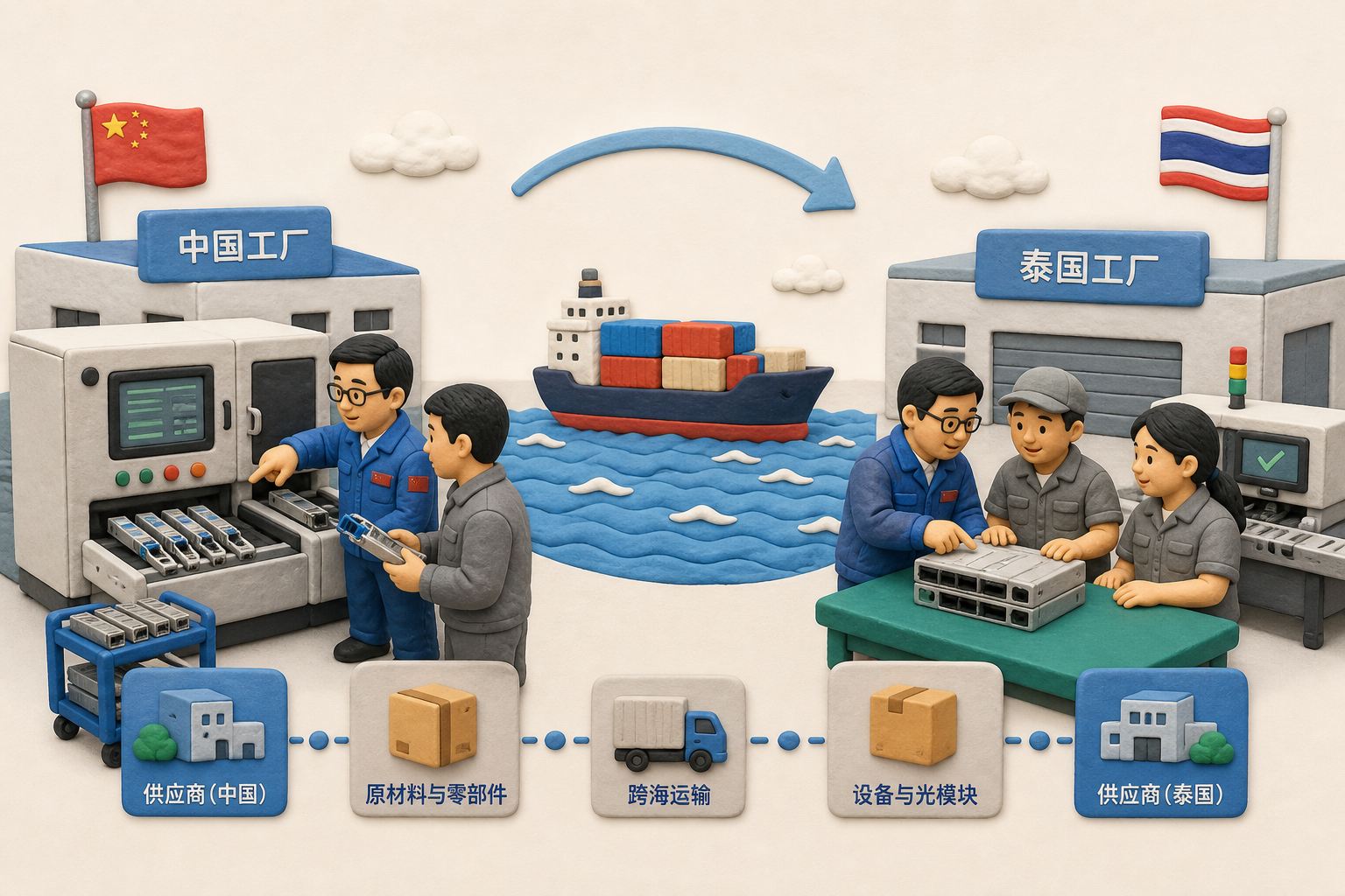 一条光模块生产线从中国沿海跨海搬向泰国厂房,中国工程师带着设备指导当地工人,供应链箱体连接两地,不出现地图数据或迁移比例,浅色背景的商业评论版橡皮泥平面信息图的统一风格。
