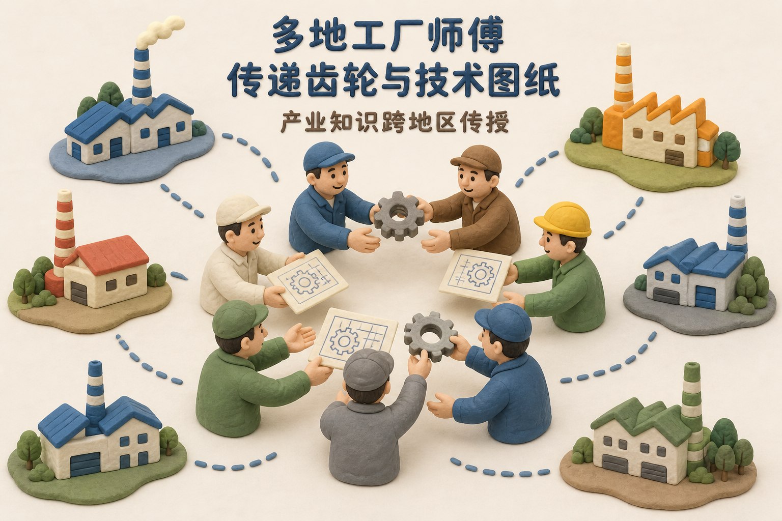 多地工厂师傅围成一圈传递齿轮与技术图纸,周围分散布置不同地区的厂房轮廓,突出产业知识跨地区传授,不画时间轴,不标注具体日期。只显示以上文字与画面关系,不补充其他数字、日期、比例、排名或因果关系。浅色背景的商业评论版橡皮泥平面信息图的统一风格。