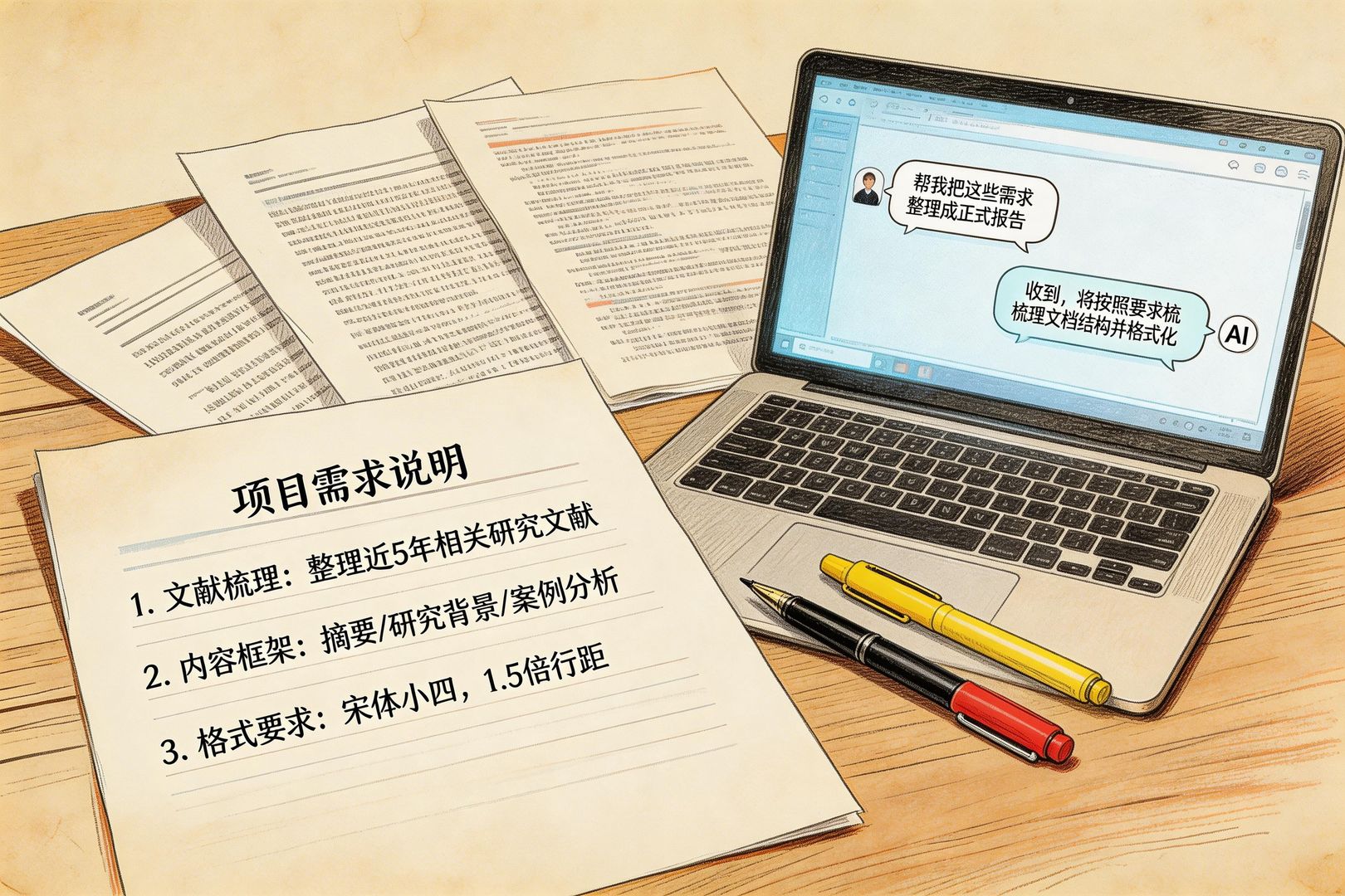 一张铺在木书桌上的 Word 文档和几份打开的 PDF 报告，页面上写着中文需求说明，旁边有钢笔、红黄标注笔和一台亮着 AI 对话界面的笔记本电脑，像文科老师在用自然语言指挥自动化助手，羊皮纸，钢笔彩色手绘的统一风格。