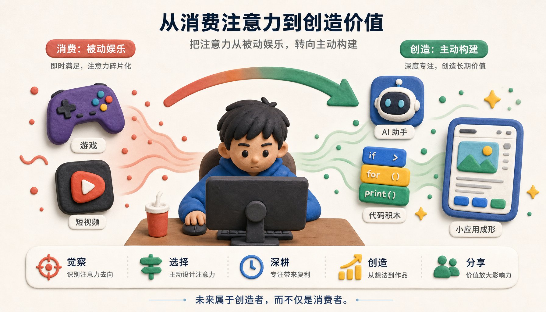 一个沉迷游戏的孩子坐在电脑前，屏幕左侧漂浮游戏手柄和短视频图标，右侧漂浮 AI 助手、代码积木和一个正在成形的小应用页面，箭头表示注意力从消费转向创造，浅色背景的商业评论版橡皮泥平面信息图的统一风格。