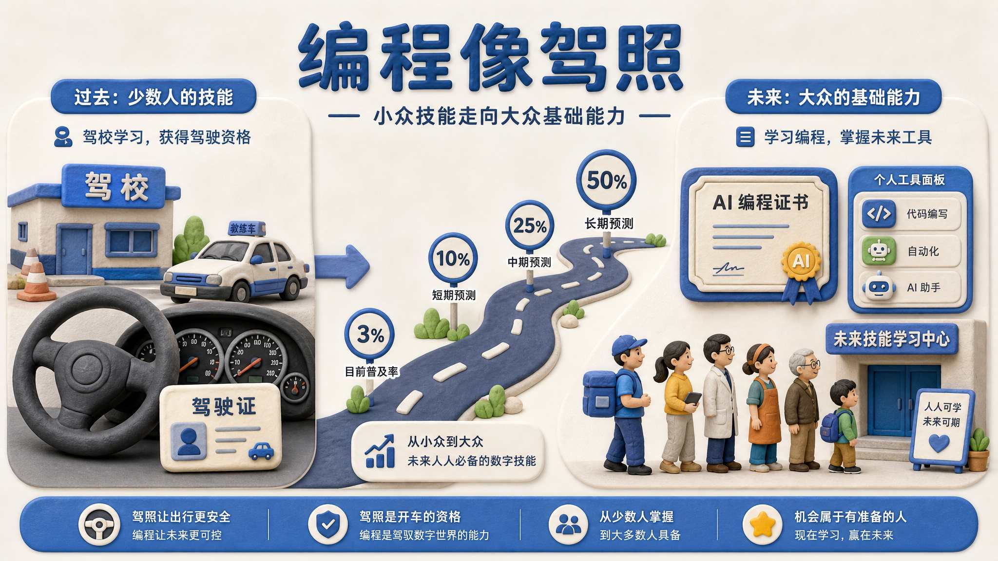 一个“编程像驾照”的社会普及图，左边是驾校方向盘和驾驶证，右边是 AI 编程证书、个人工具面板和普通人排队学习的场景，中间用百分比路牌连接 3% 到 50% 的不同预测，浅色背景的商业评论版橡皮泥平面信息图的统一风格。