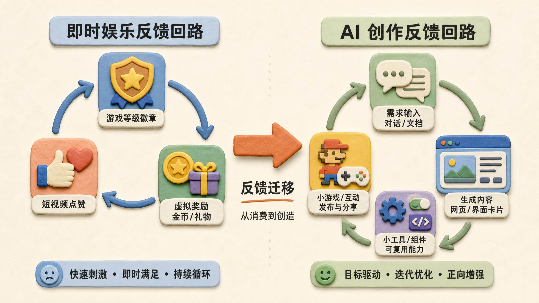 一张左右对照的信息图，左边是游戏等级、短视频点赞和虚拟奖励围成闭环，右边是 AI 编程工具把需求转化成网页、小工具和小游戏，中央用迁移箭头连接两种反馈回路，浅色背景的商业评论版橡皮泥平面信息图的统一风格。