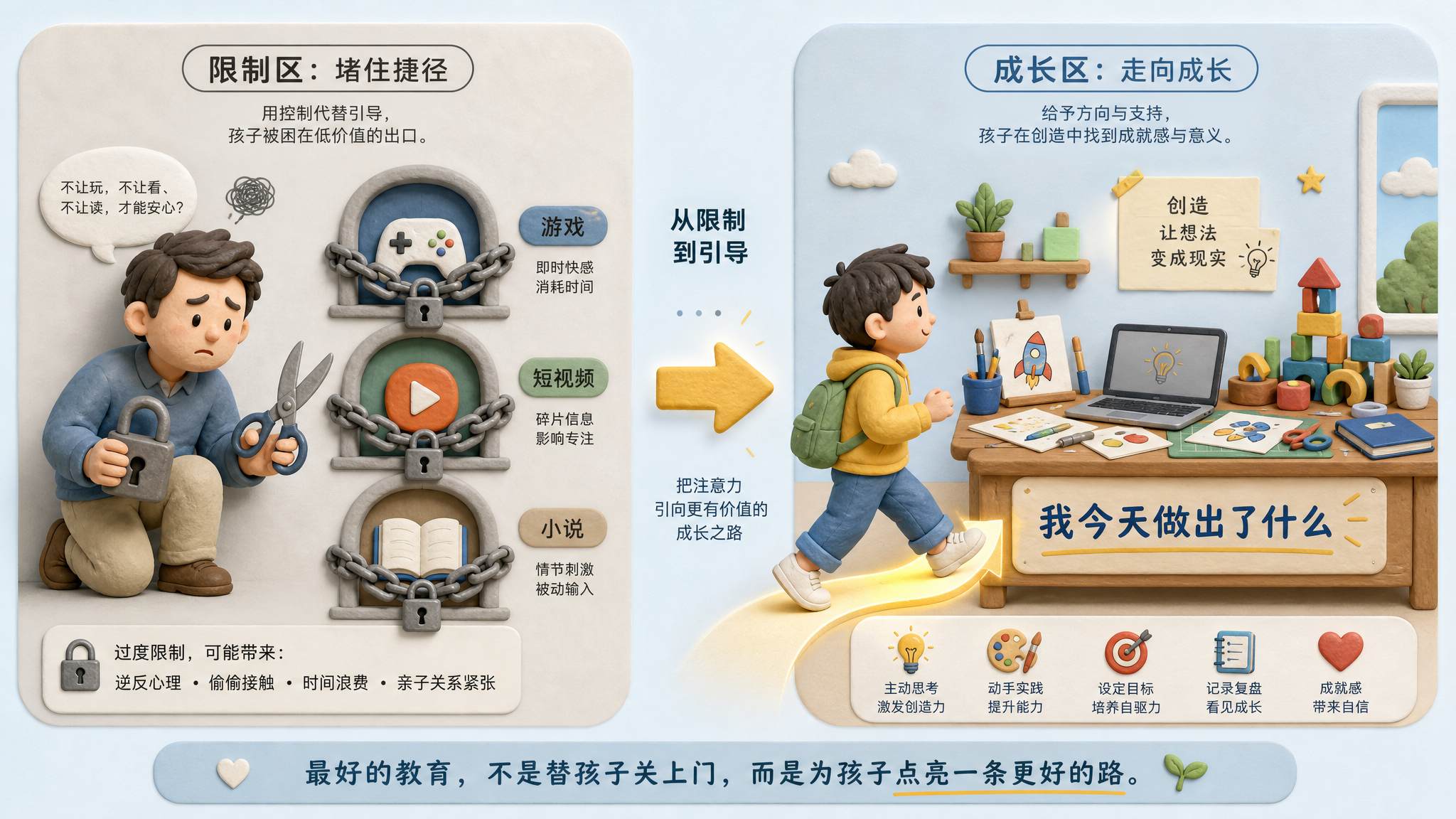 一个家庭教育场景的信息图，左侧家长用锁和剪刀堵住游戏、短视频、小说三个出口，右侧孩子沿着箭头走向写着“我今天做出了什么”的创作工作台，浅色背景的商业评论版橡皮泥平面信息图的统一风格。