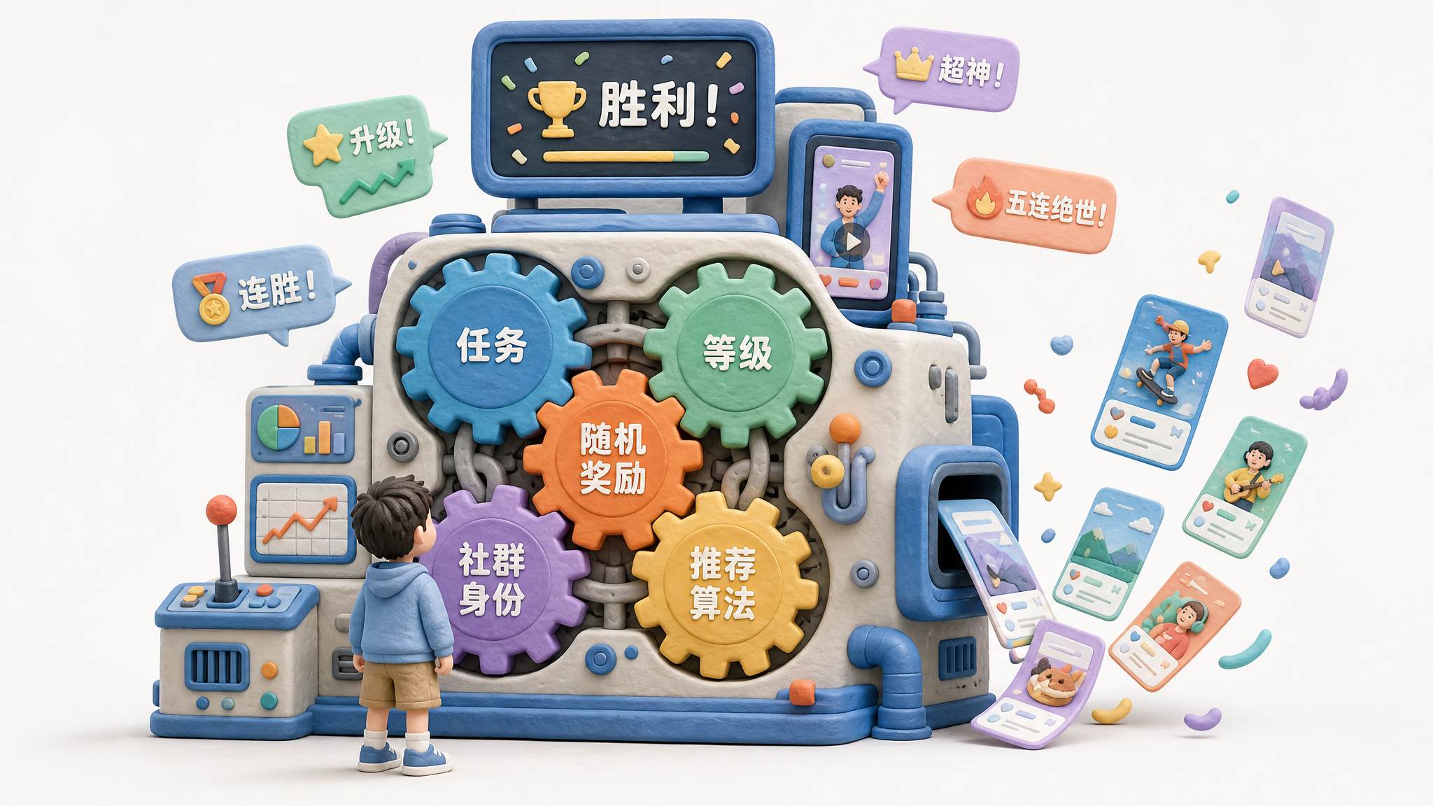 一个孩子站在巨大的反馈机器前，机器由任务、等级、随机奖励、社群身份和推荐算法五个齿轮组成，屏幕不断吐出游戏胜利提示和短视频卡片，浅色背景的商业评论版橡皮泥平面信息图的统一风格。