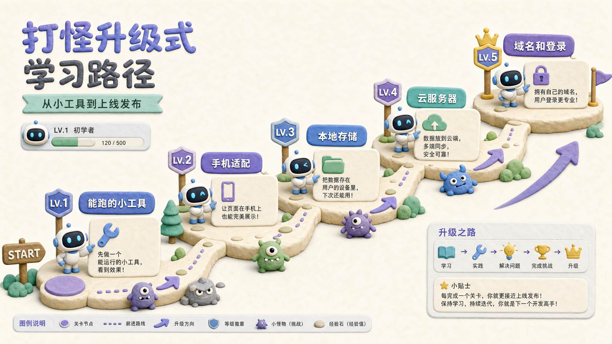 一条打怪升级式学习路径，起点是“能跑的小工具”，依次经过“手机适配”“本地存储”“云服务器”“域名和登录”，每一级都有 AI 助手递出提示卡片，浅色背景的商业评论版橡皮泥平面信息图的统一风格。