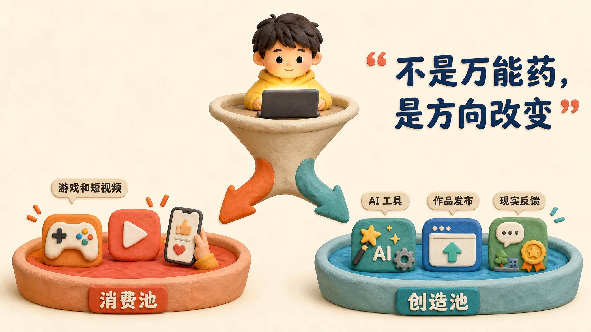 一个分流漏斗场景，上方是同一个孩子和同一块屏幕，左下流向游戏和短视频的消费池，右下流向 AI 工具、作品发布和现实反馈的创造池，旁边标注“不是万能药，是方向改变”，浅色背景的商业评论版橡皮泥平面信息图的统一风格。