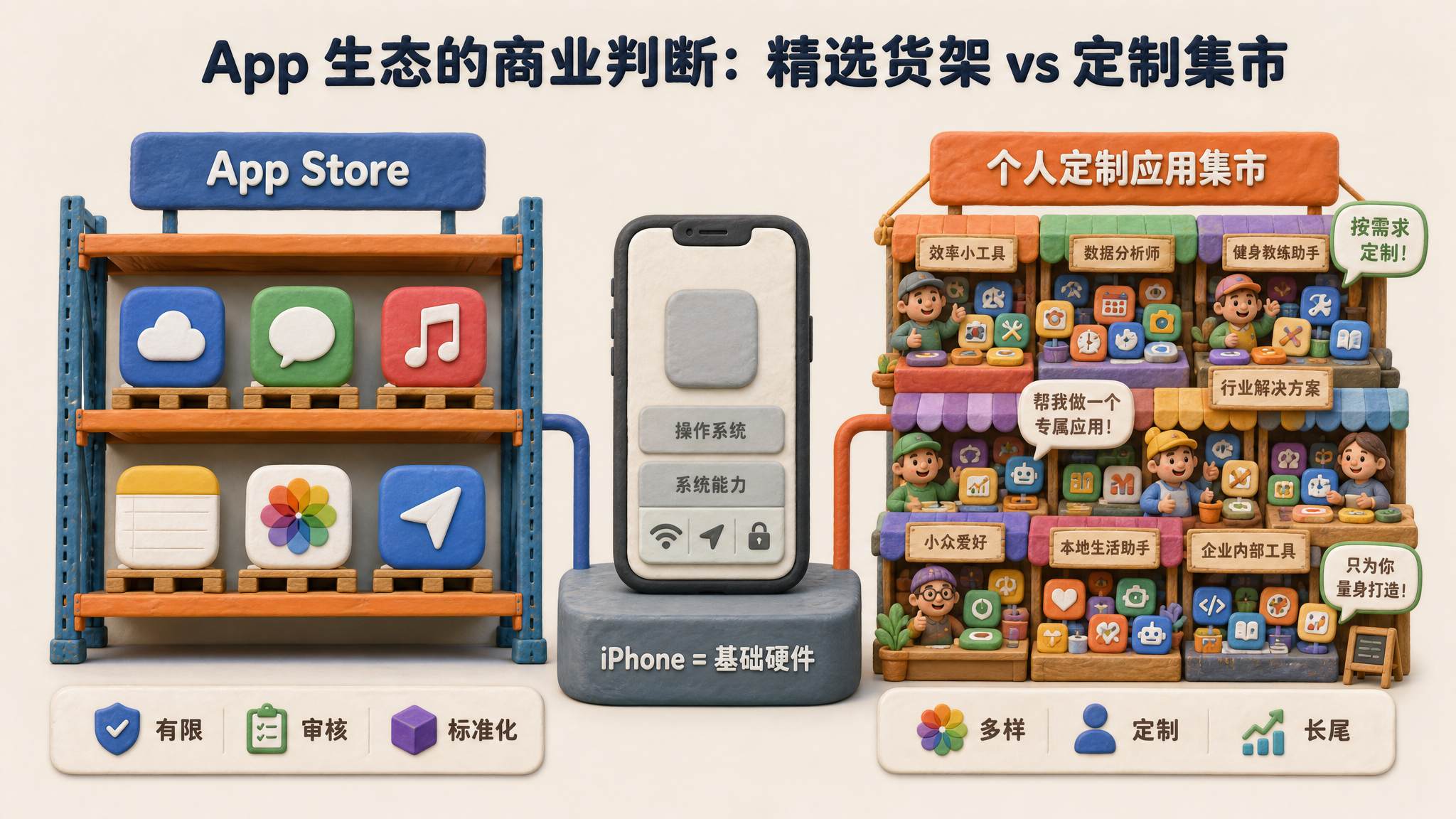 一个商业判断对照图，左侧是像 Costco 货架一样整齐但有限的 App Store，右侧是像淘宝集市一样密集多样的个人定制应用摊位，中间有苹果手机变成基础硬件的示意，浅色背景的商业评论版橡皮泥平面信息图的统一风格。