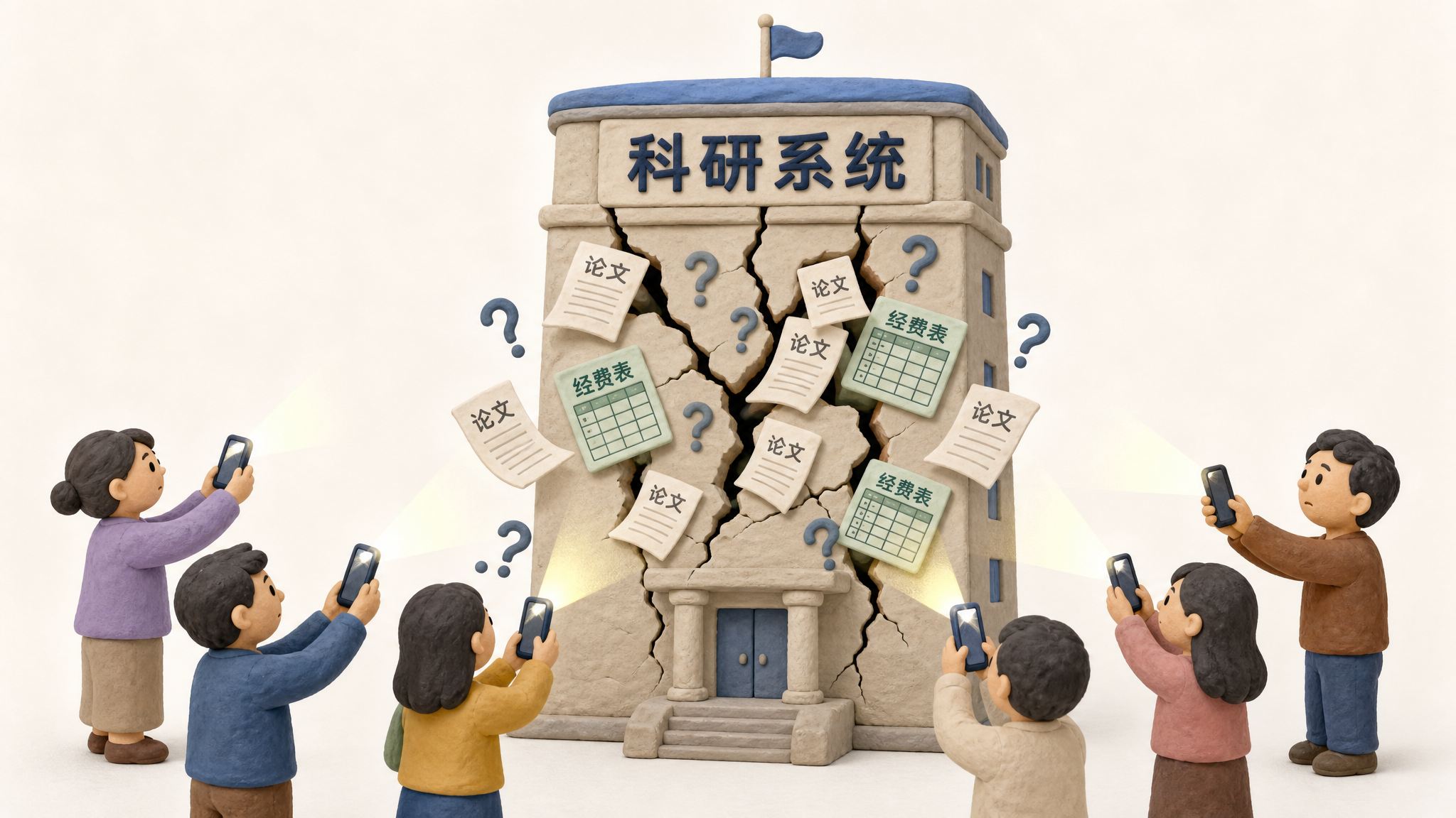 一座写着科研系统的高塔出现裂缝,裂缝中漏出论文、经费表和问号,塔外公众用手机灯光照向塔身,浅色背景的商业评论版橡皮泥平面信息图的统一风格。
