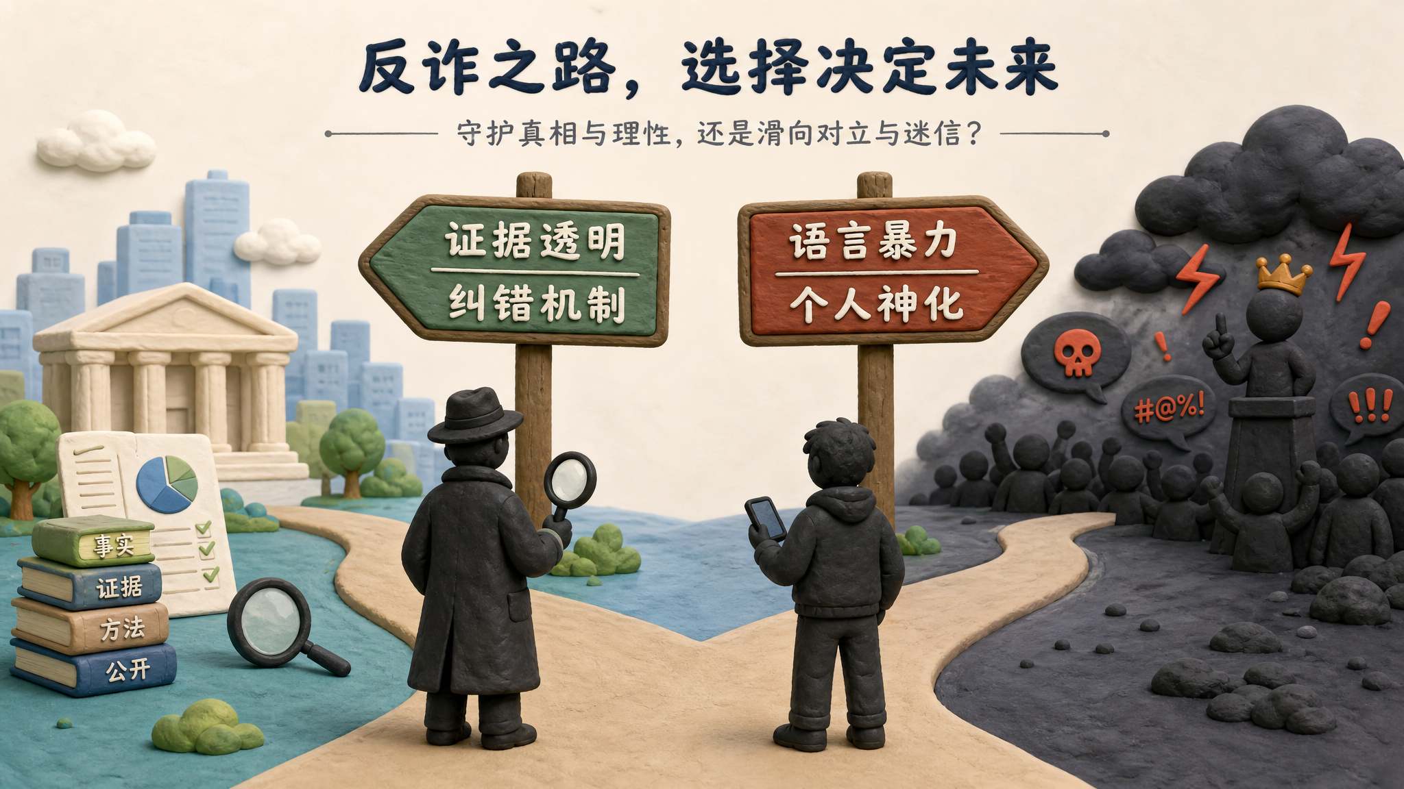 两个时代的打假人剪影站在分岔路口,一边路牌写着证据透明和纠错机制,另一边路牌写着语言暴力和个人神化,浅色背景的商业评论版橡皮泥平面信息图的统一风格。