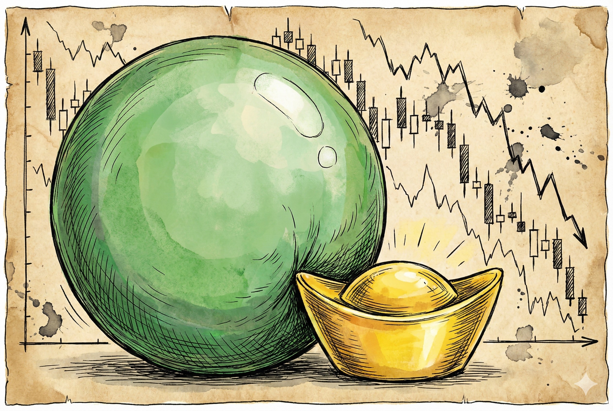 一个巨大的绿色挂锁紧紧锁住了一个发光的金元宝，背景是螺旋下降的股市曲线图，羊皮纸，钢笔彩色手绘的统一风格。