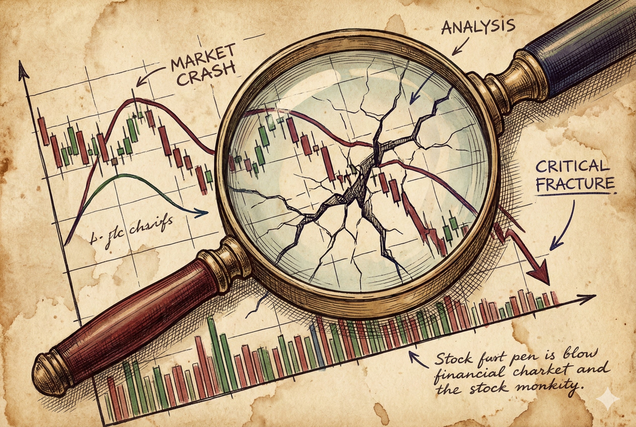 一个放大镜悬停在断裂的财经走势图上，正在仔细审视下跌曲线中的裂痕，羊皮纸，钢笔彩色手绘的统一风格。