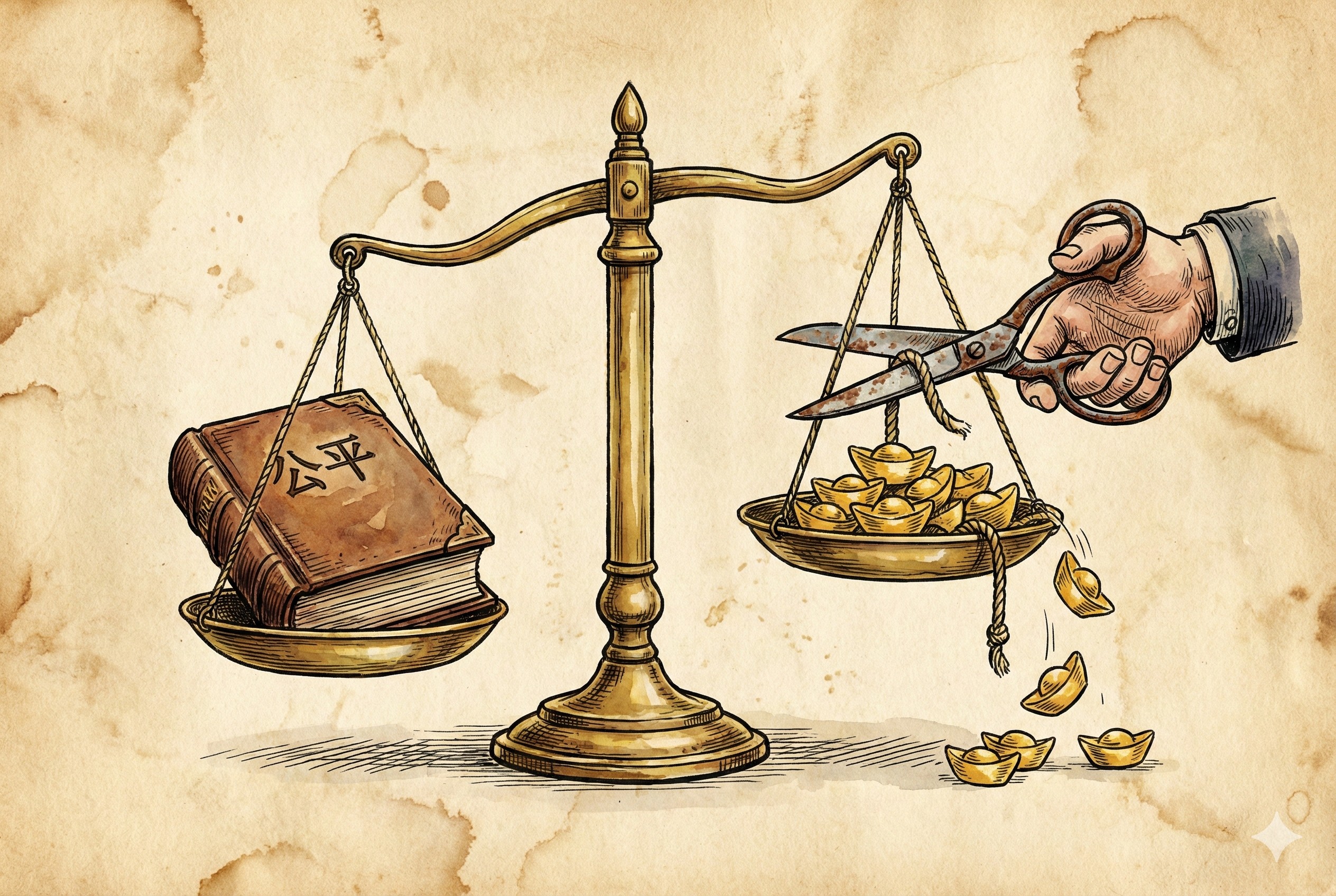 一个天平，一边放着写有“公平”的法典，另一边是一只手拿着剪刀剪断了连接小金元宝的绳子，羊皮纸，钢笔彩色手绘的统一风格。