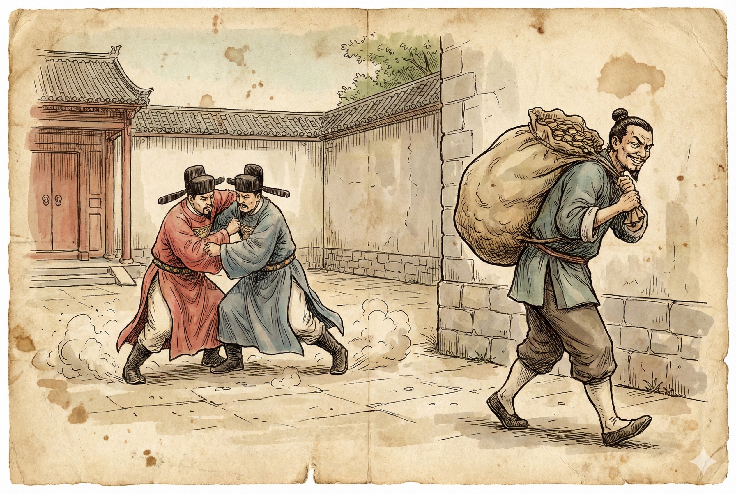 庭院内两个穿着古代官服的人正在互相扭打，而墙外一个商人背着沉甸甸的钱袋悠闲离开，羊皮纸，钢笔彩色手绘的统一风格。