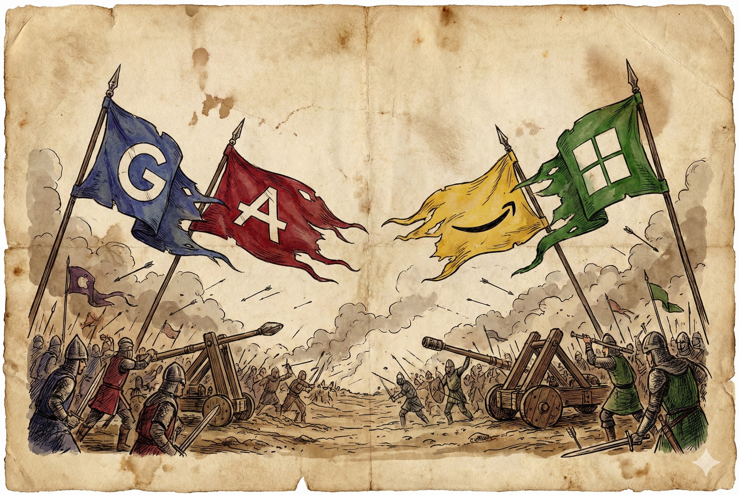 战场上四面不同颜色的旗帜迎风招展，分别代表不同的互联网大厂阵营，气氛剑拔弩张，羊皮纸，钢笔彩色手绘的统一风格。