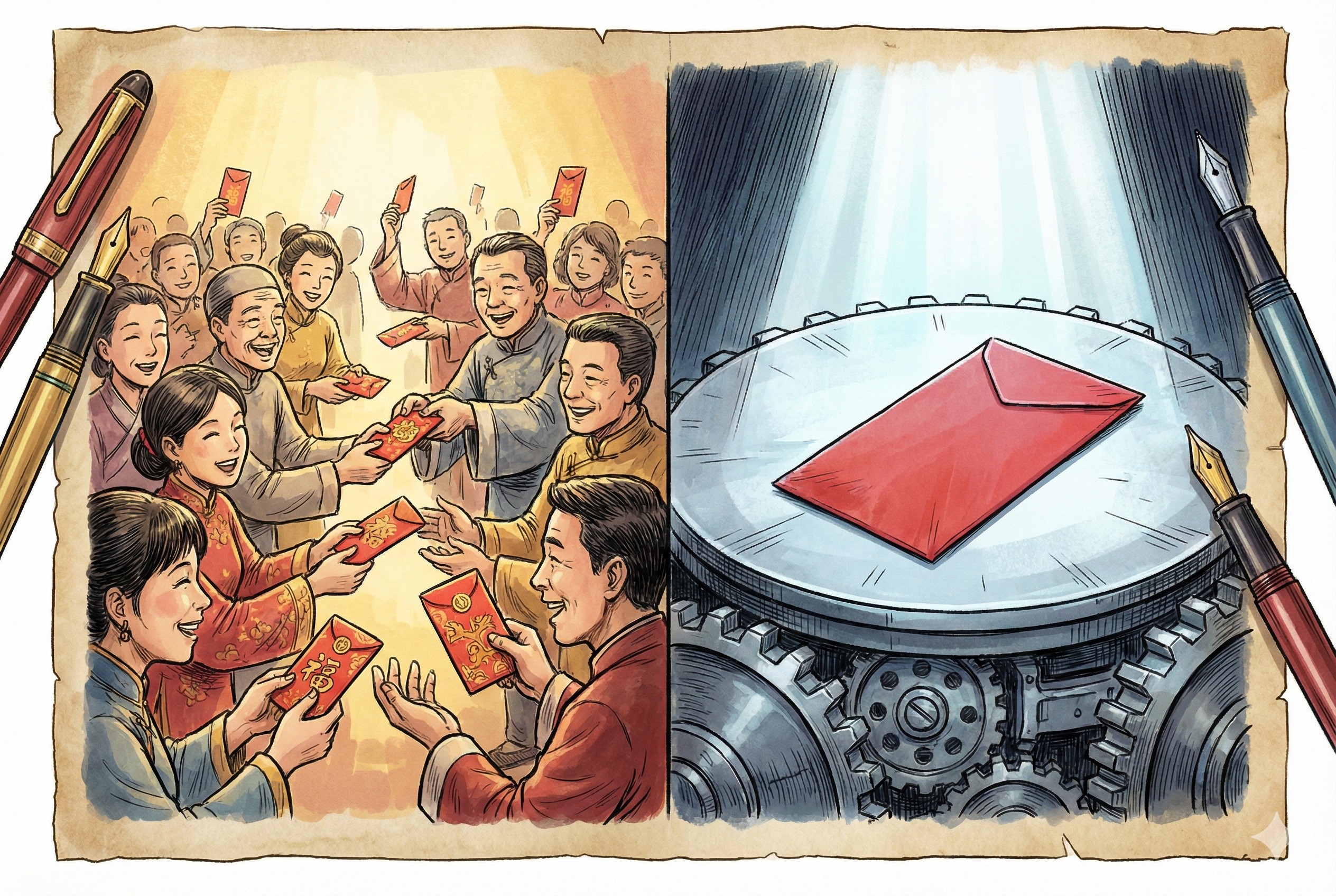 两个场景对比，左边是人群在互相传递温暖的红包，右边是一个孤零零的红包放在冷冰冰的机器底座上，羊皮纸，钢笔彩色手绘的统一风格。