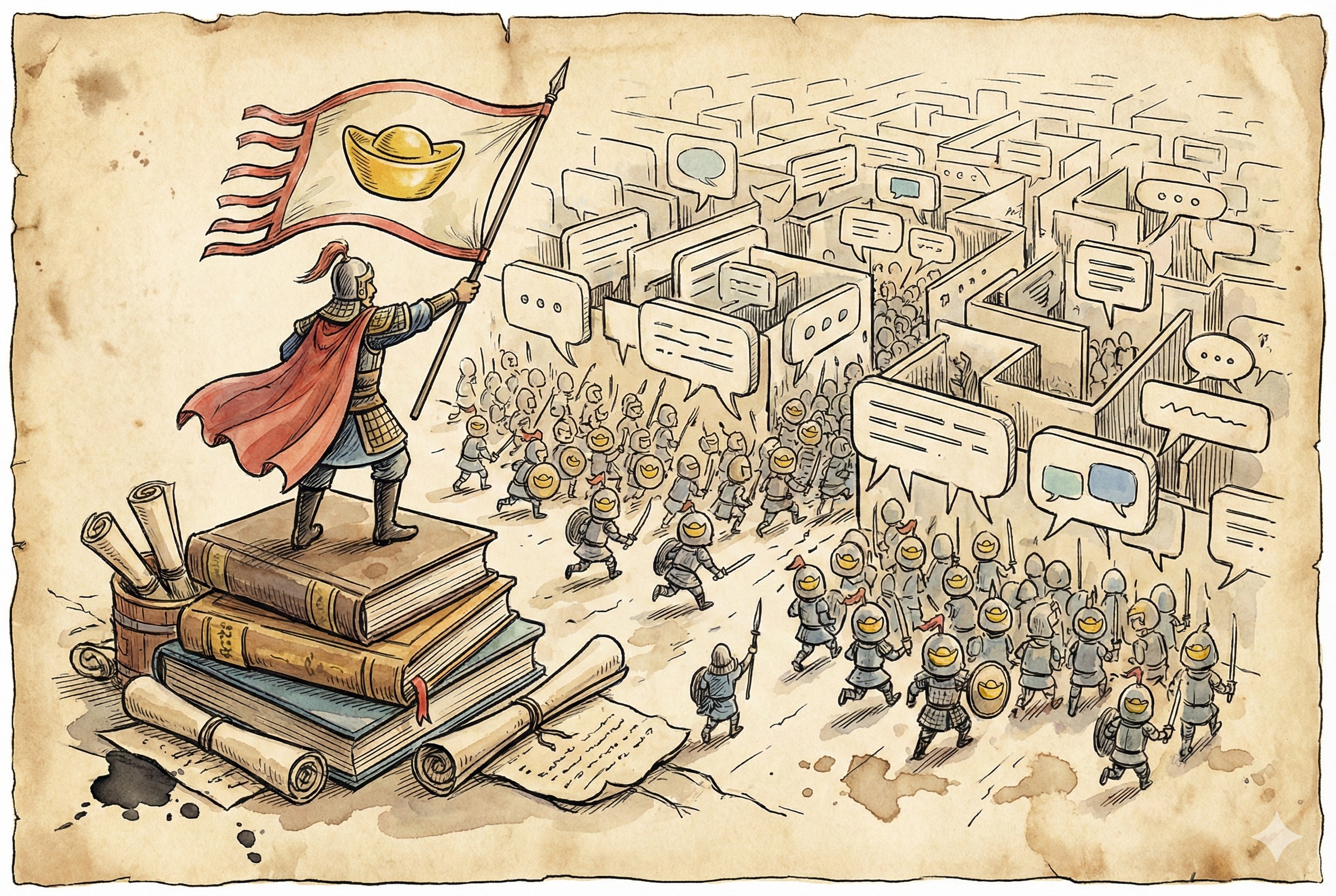 一位指挥官指着赛车跑道，一辆标有AI符号的赛车正在弯道处试图超车却撞上了路障，羊皮纸，钢笔彩色手绘的统一风格。