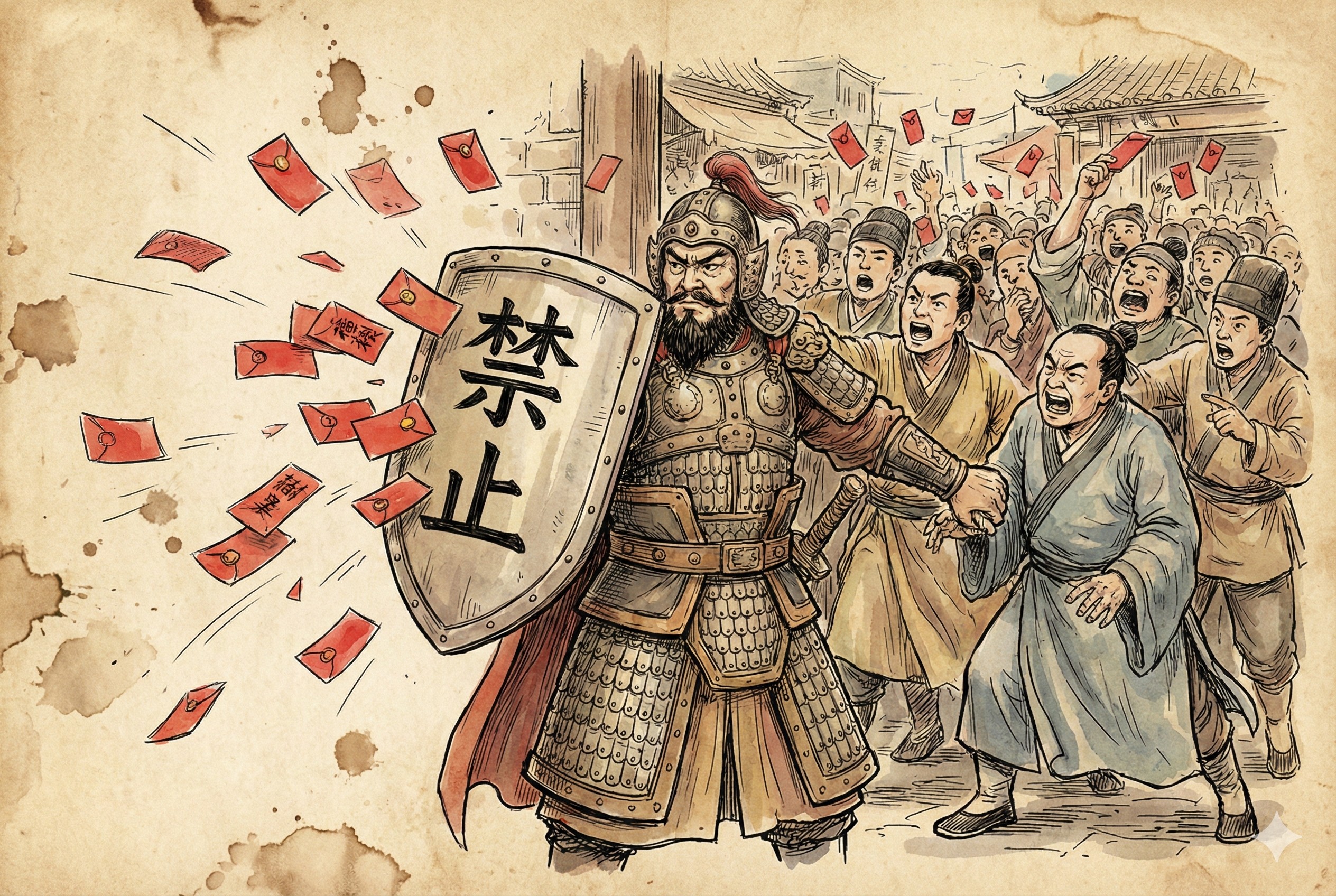 一个身穿绿色盔甲的守门人正用力关上一扇厚重的大门，门外是举着金元宝的人群，守门人同时在痛苦地打自己的脸，羊皮纸，钢笔彩色手绘的统一风格。