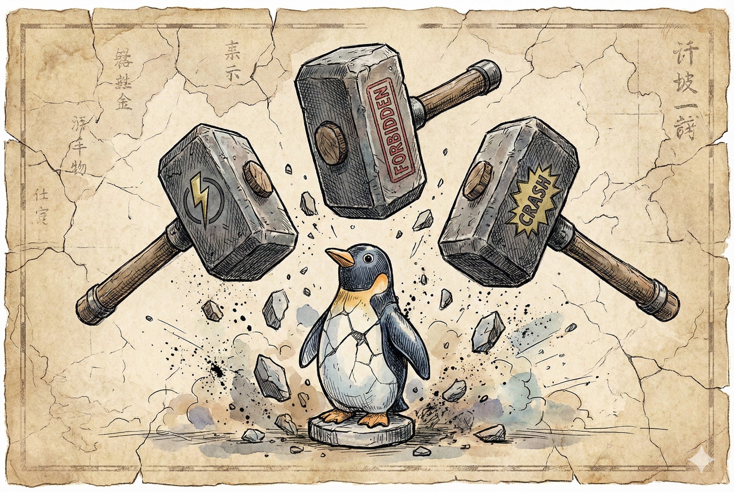 三把巨大的铁锤接连砸向一面带有企鹅标志的残破盾牌，盾牌表面布满裂纹，羊皮纸，钢笔彩色手绘的统一风格。