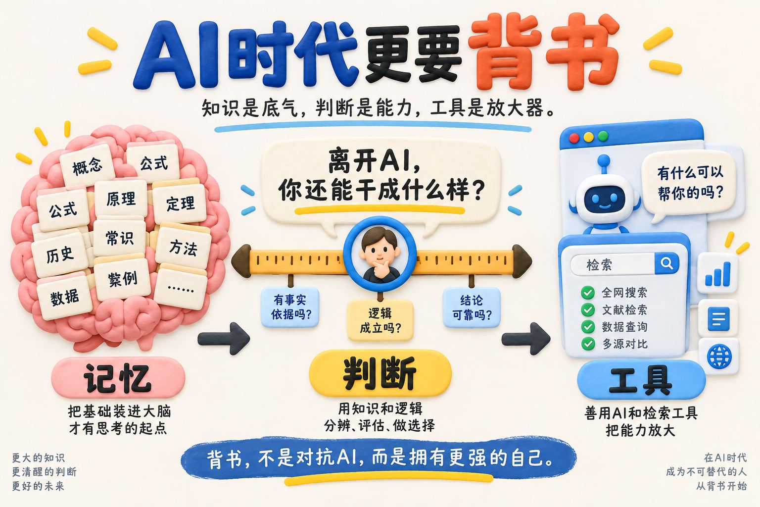 封面构图，左侧是装满基础知识卡片的大脑，右侧是AI对话框与检索工具，中间用一条清晰的判断标尺连接，突出“记忆、判断、工具”的关系；可见事实元素：标题“AI时代更要背书”，判断标准“离开AI，你还能干成什么样？”