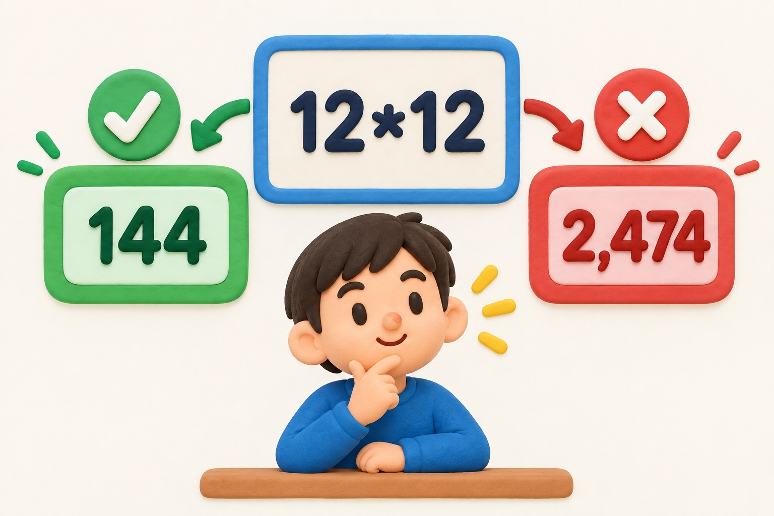 乘法记忆判断图，中央是一张乘法卡“12*12”，左侧绿色核对结果“144”，右侧红色错误结果“2,474”，下方是一名学生不经计算直接作出判断；可见事实元素：12*12等于144