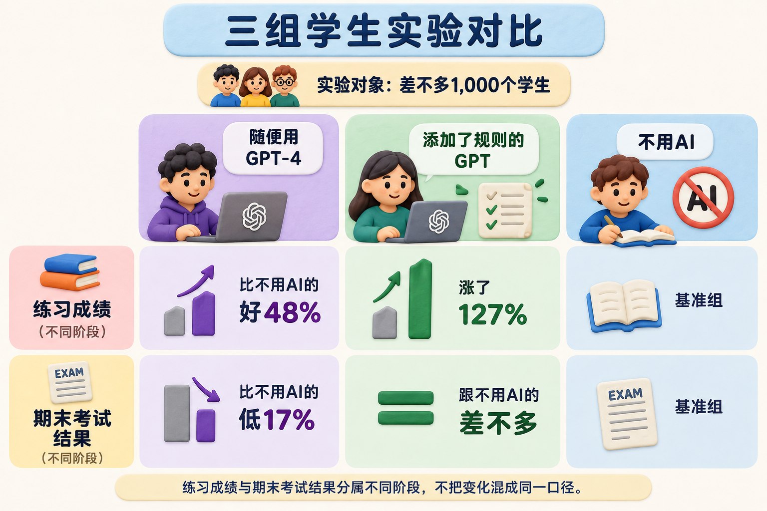 三组学生实验对比信息图，横向排列“随便用GPT-4”“添加了规则的GPT”“不用AI”三组，突出练习成绩与期末考试结果分属不同阶段，不把变化混成同一口径；可见事实元素：差不多1,000个学生
