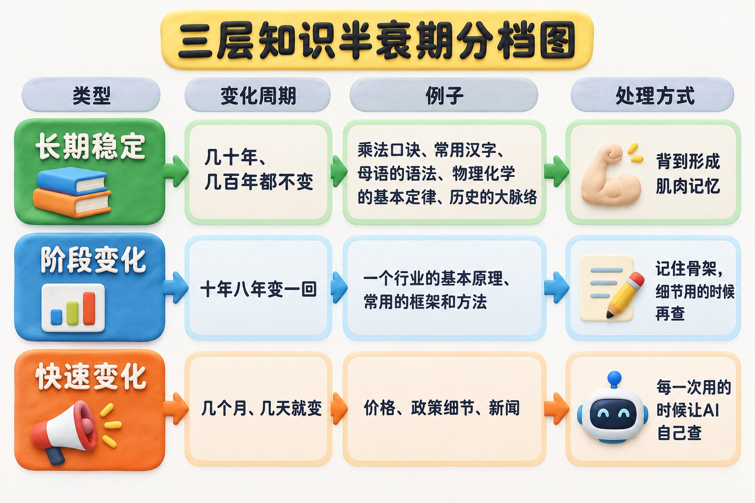 三层知识半衰期分档图，从上到下排列长期稳定、阶段变化、快速变化三档，并分别连接“背到形成肌肉记忆”“记住骨架，细节再查”“每次让AI查”；可见事实元素：第一档“几十年、几百年都不变”