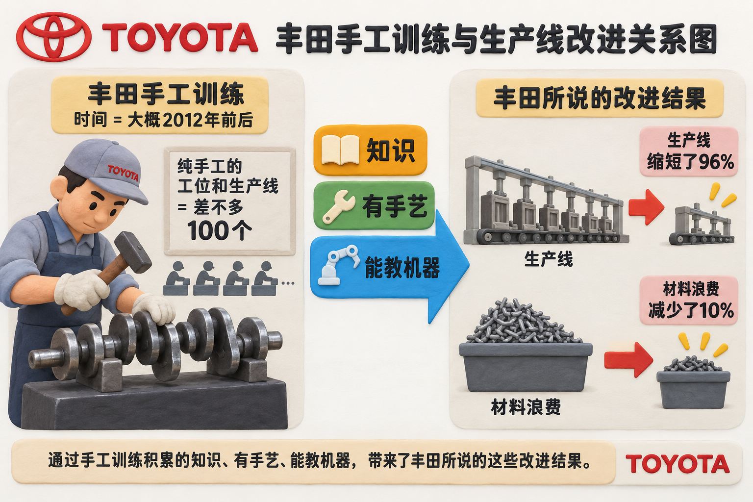 丰田手工训练与生产线改进关系图，左侧工人用手锻造曲轴，中间是“知识、有手艺、能教机器”的能力箭头，右侧是缩短后的生产线和减少的材料浪费，明确标注这是丰田所说的改进结果；可见事实元素：大概2012年前后