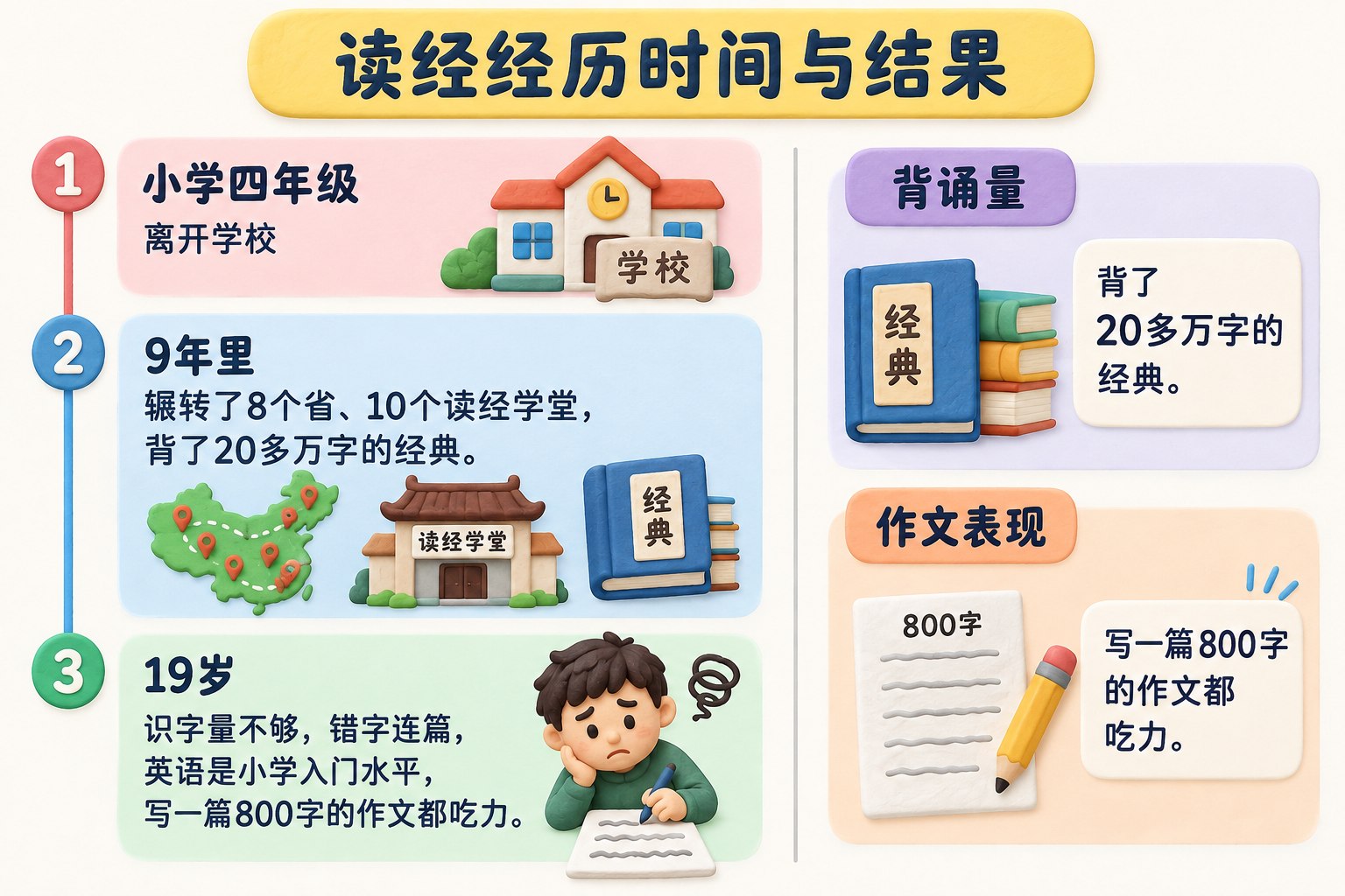 读经经历时间与结果信息图，左侧按顺序排列离开学校、辗转读经学堂、19岁出来三个阶段，右侧分开呈现背诵量与作文表现，不把个案画成普遍结论；可见事实元素：小学四年级离开学校