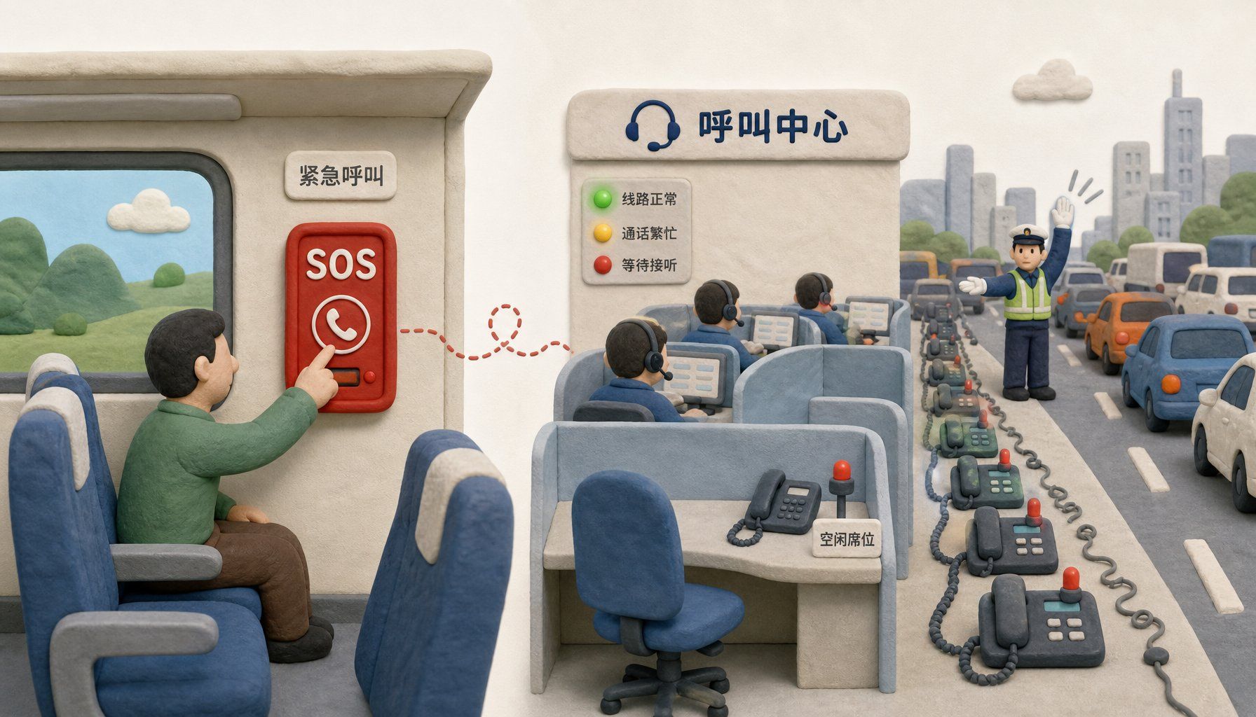 橡皮泥车厢内乘客按下红色 SOS 按钮，另一侧呼叫中心座位空缺且电话排成长龙，远处交警在拥堵路面挥手疏导，浅色背景的商业评论版橡皮泥平面信息图的统一风格。