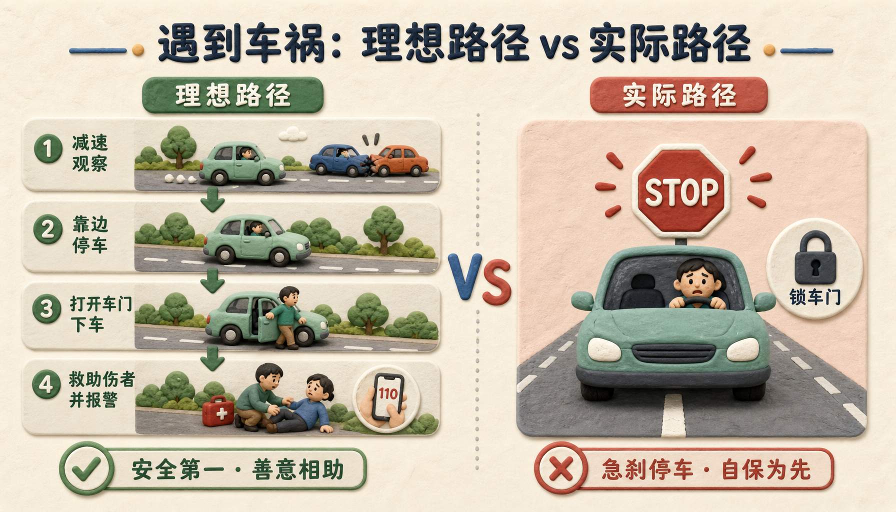 一张橡皮泥对照流程图，左边理想路径是减速、靠边、开门、救援，右边实际路径是一辆车在车道中央急停并锁住车门，浅色背景的商业评论版橡皮泥平面信息图的统一风格。
