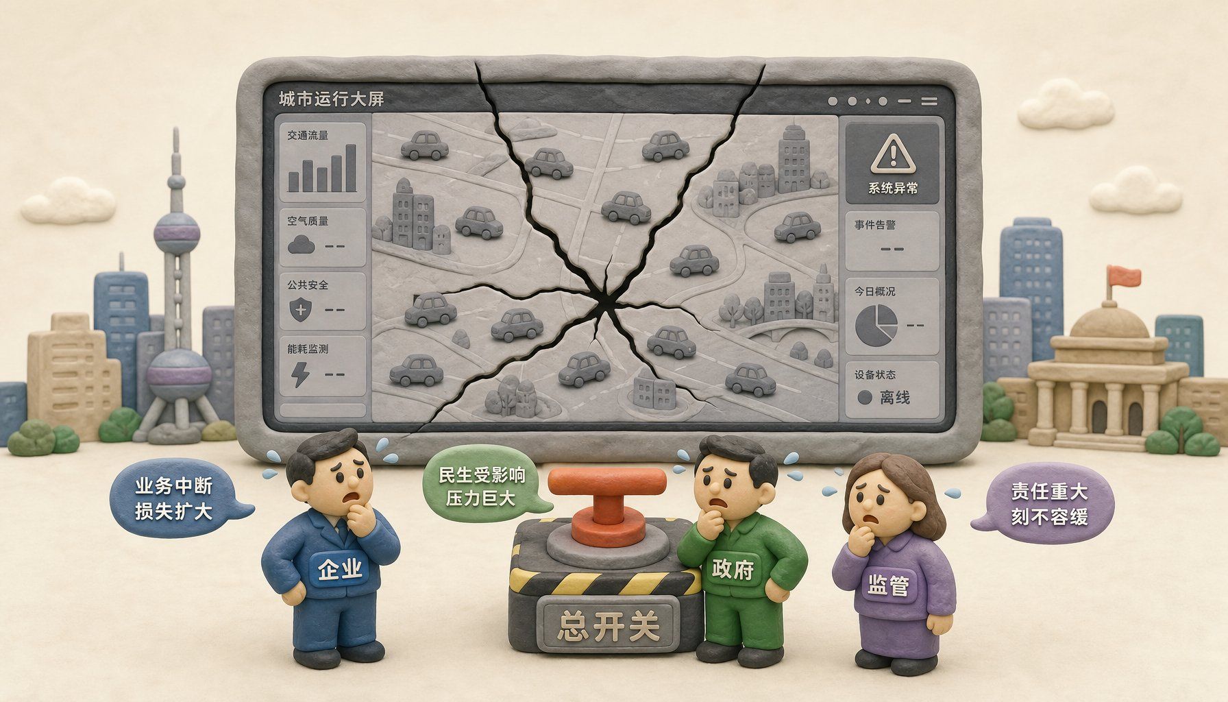 一个巨大的橡皮泥城市大屏中央出现裂纹，屏幕上所有小车图标同时变灰，企业、政府和监管三个小人围着总开关表情紧张，浅色背景的商业评论版橡皮泥平面信息图的统一风格。