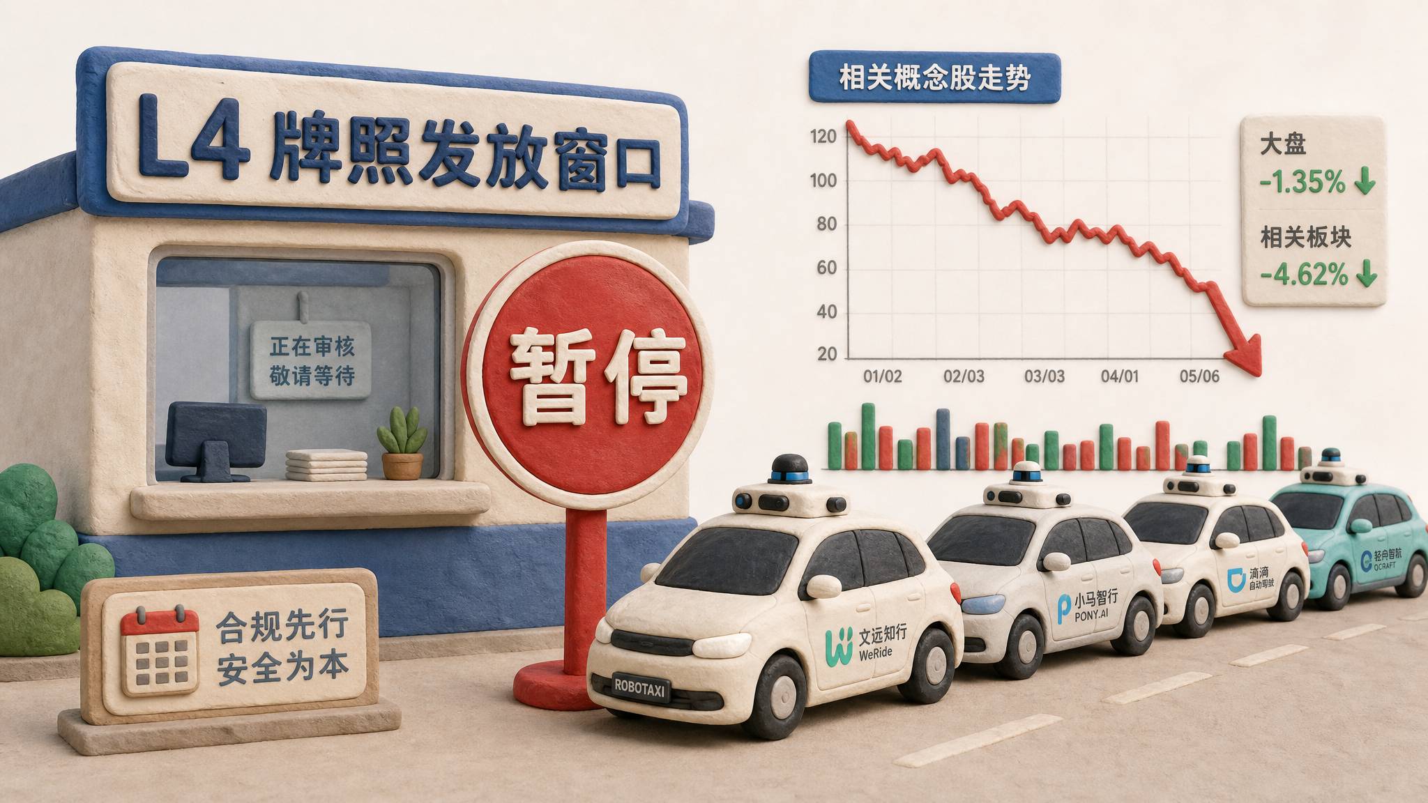 橡皮泥监管红色暂停牌竖在 L4 牌照发放窗口前，旁边股价折线向下跌落，无人出租车企业小车排队等待，浅色背景的商业评论版橡皮泥平面信息图的统一风格。