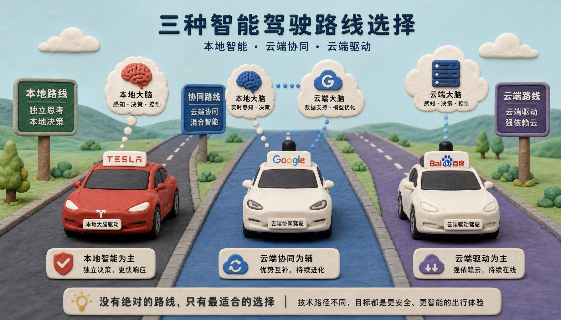 三条橡皮泥道路并排展开，左路是本地大脑驱动的特斯拉小车，中路是云端辅助的谷歌小车，右路是强云端牵引的百度小车，路牌写着不同路线选择，浅色背景的商业评论版橡皮泥平面信息图的统一风格。